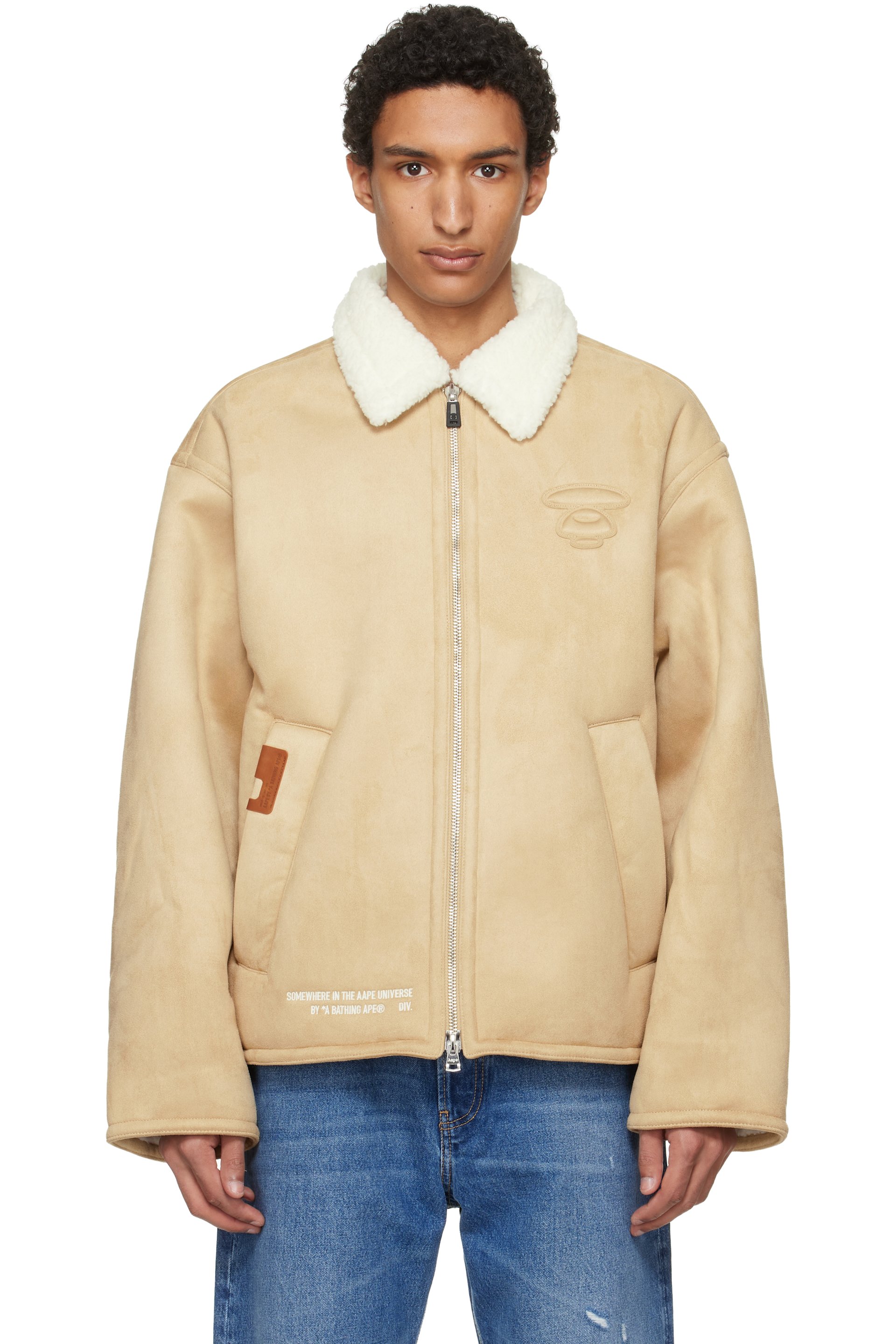 AAPE by A Bathing Ape: Beige Main Faux-Suede Jacket | SSENSE
