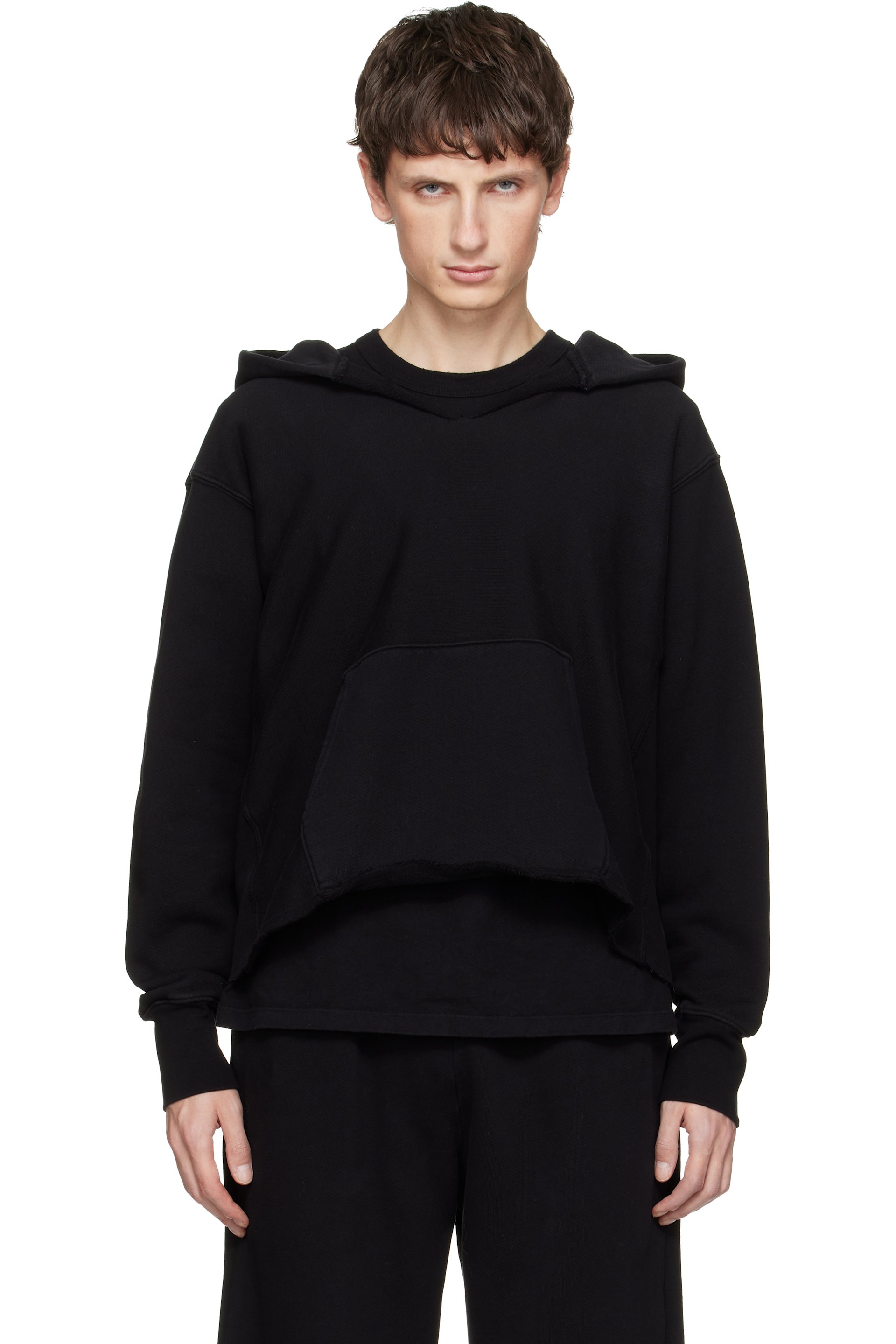 Les Tien - Black Heavyweight Raw Cropped Hoodie