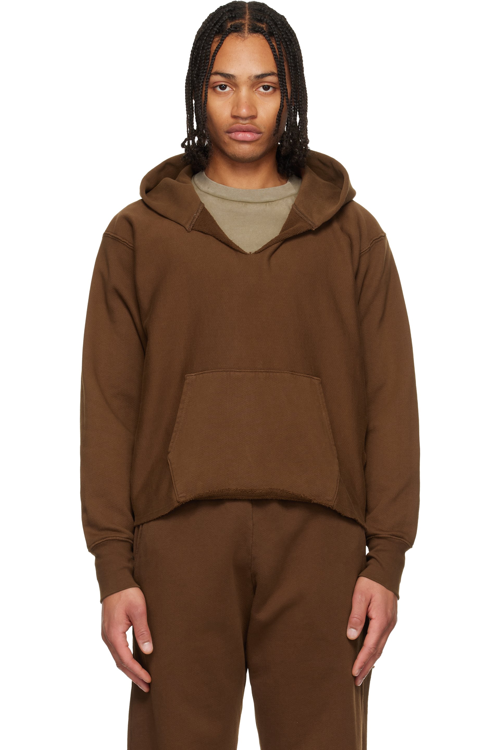 Les Tien - Brown Heavyweight Raw Cropped Hoodie