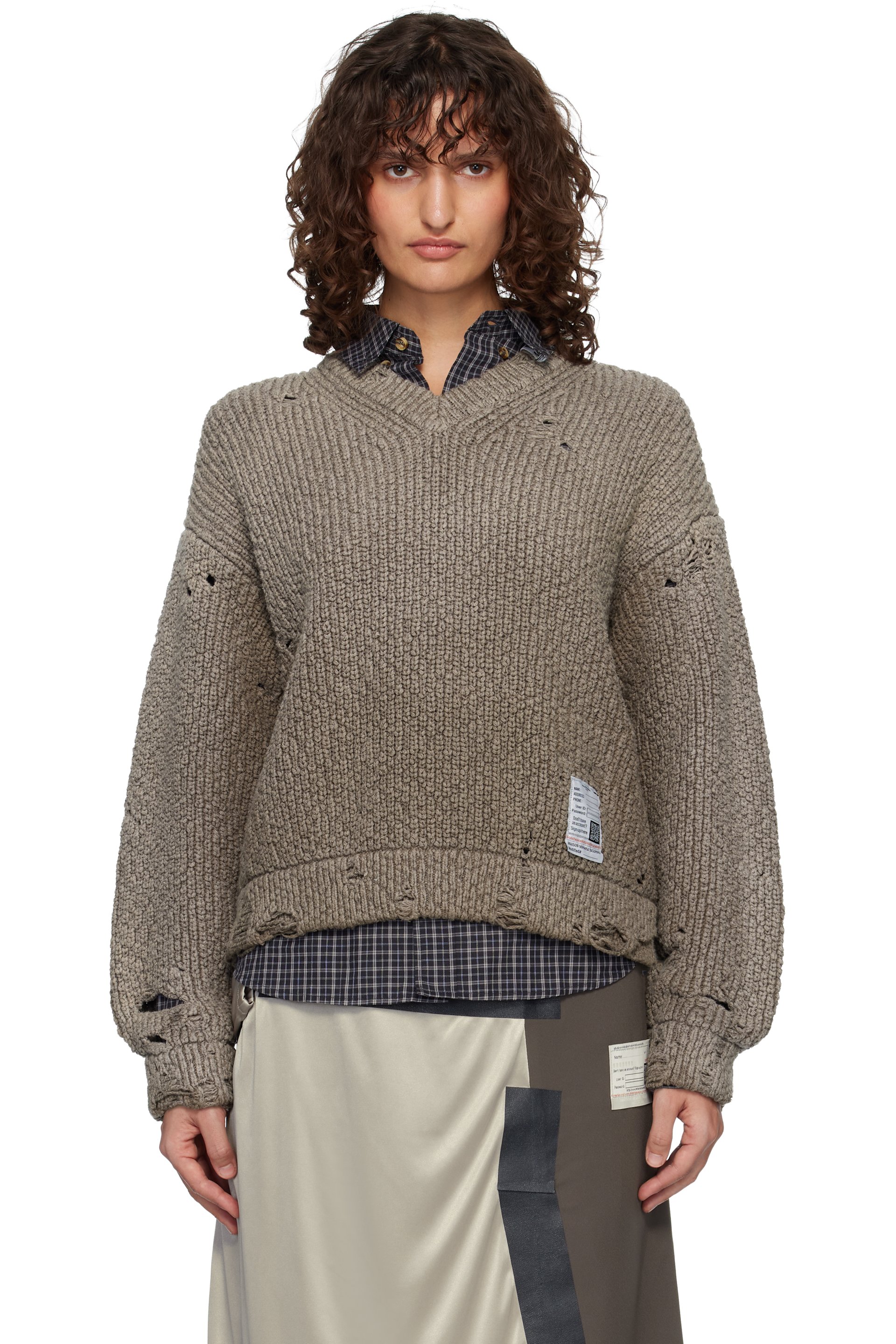 Maison MIHARA YASUHIRO - Pull brun en tricot à effets délavé et usé