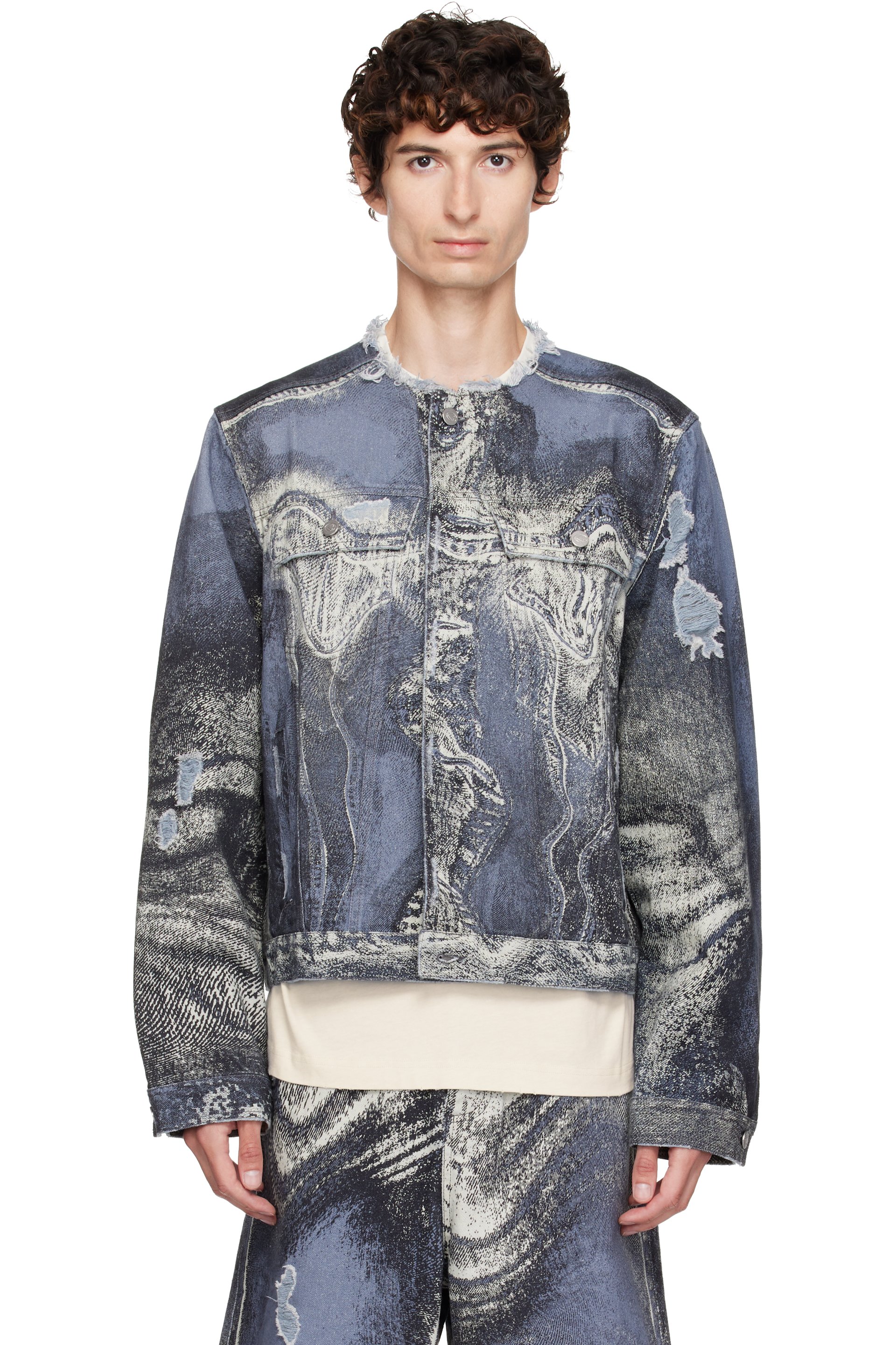 CAMPERLAB - Blue Distorted Print Distressed Denim Jacket