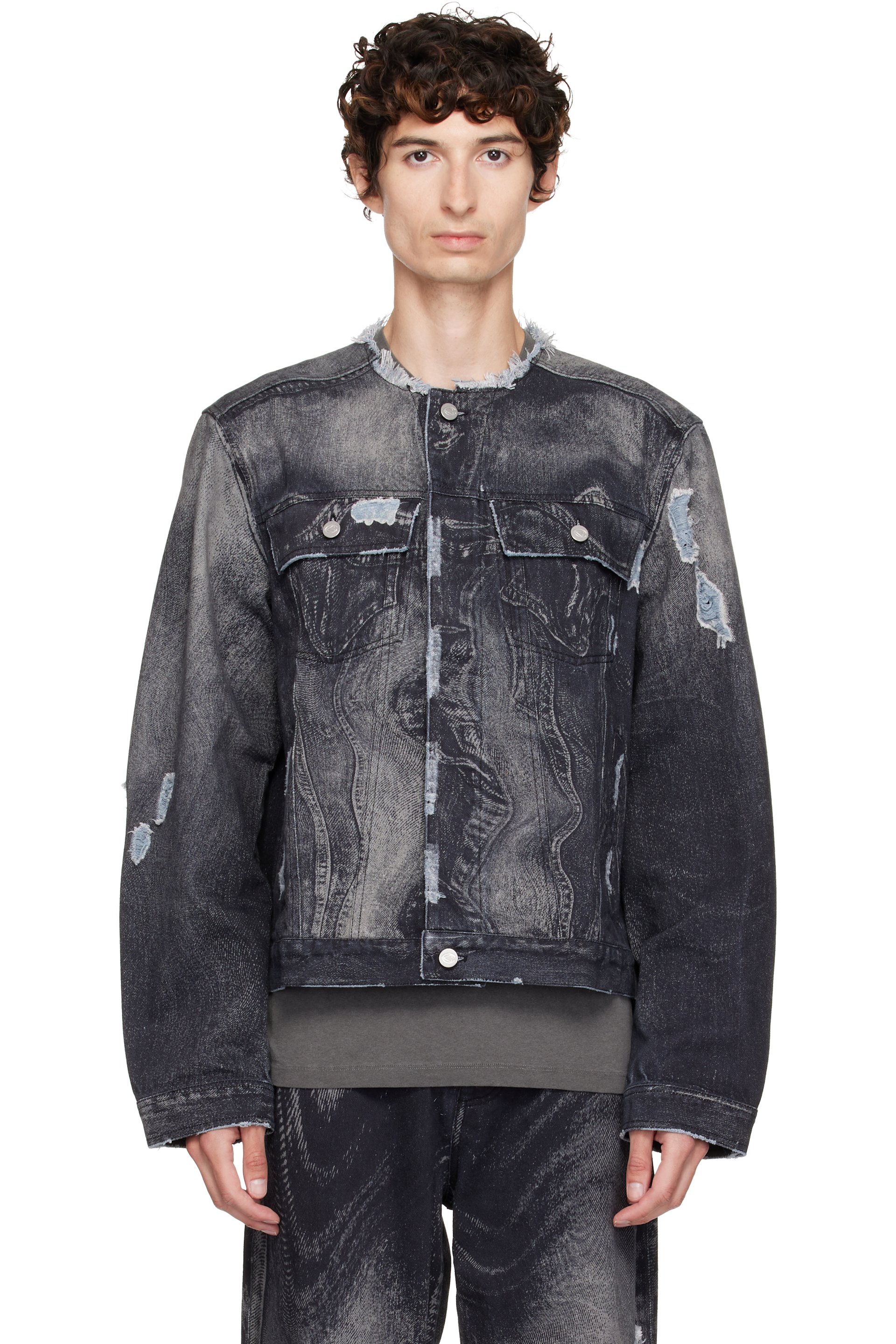 CAMPERLAB - Black Distorted Print Distressed Denim Jacket