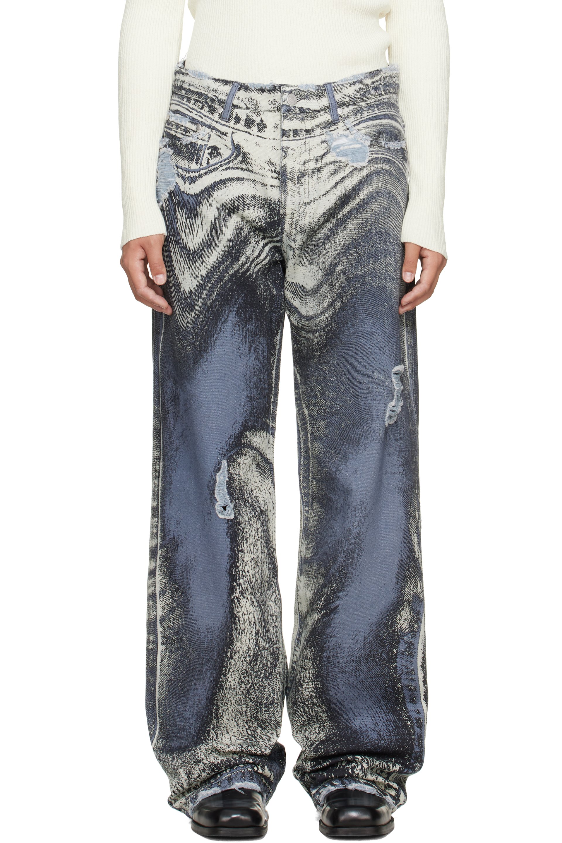 CAMPERLAB - Blue Distorted Print Distressed Denim Jeans