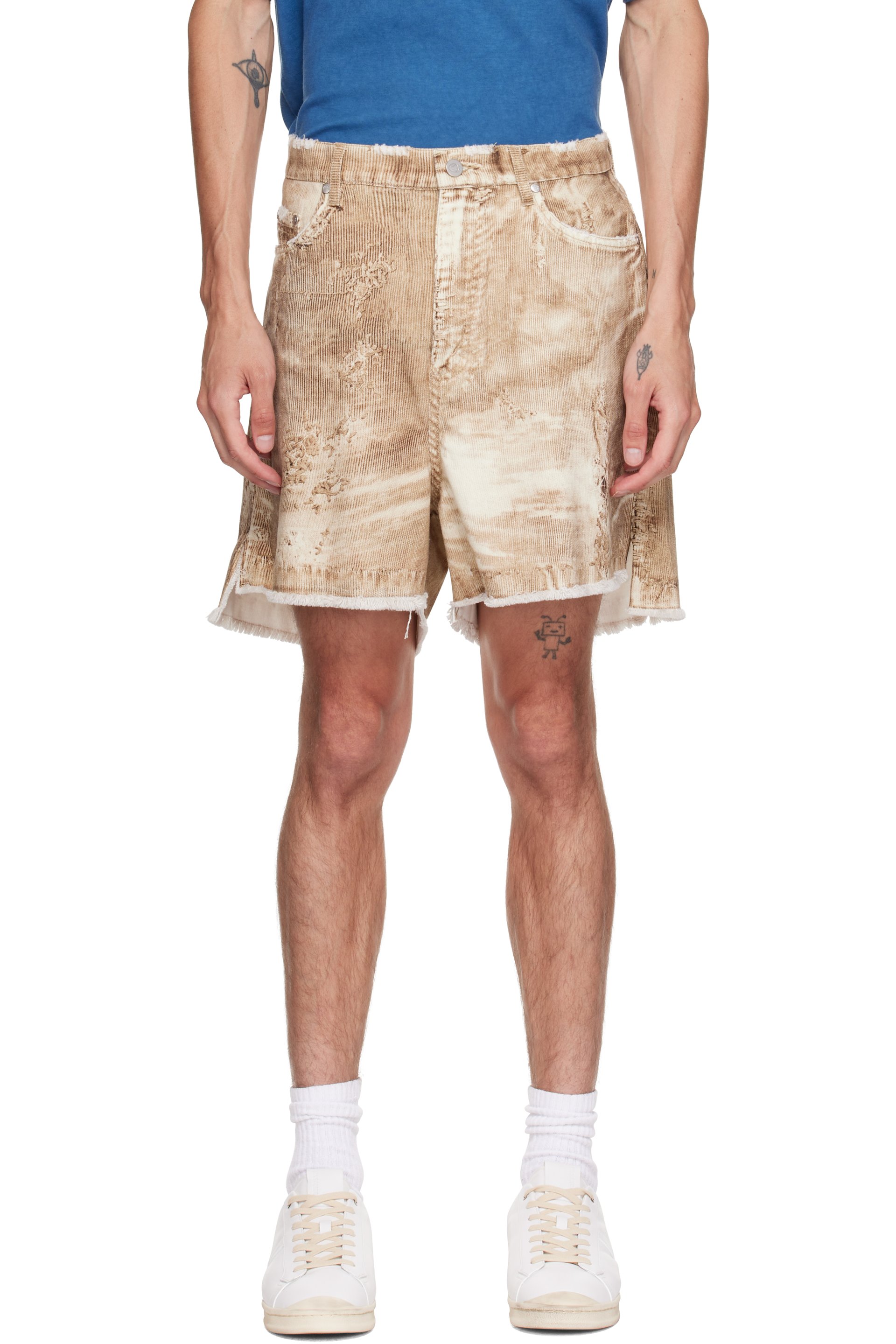 CAMPERLAB - Beige Corduroy Print Denim Cutoff Shorts
