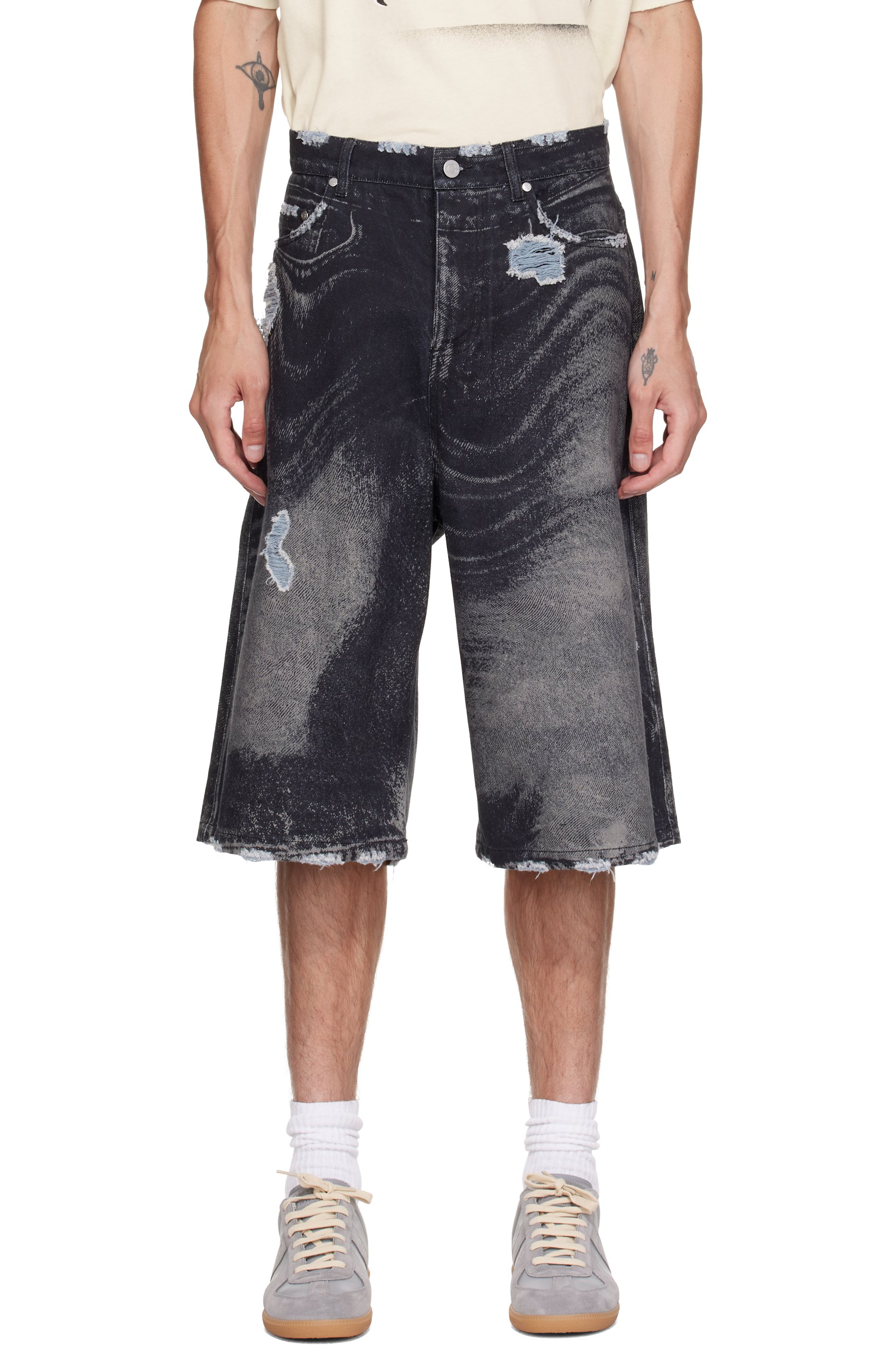 CAMPERLAB - Black Distorted Print Distressed Denim Shorts