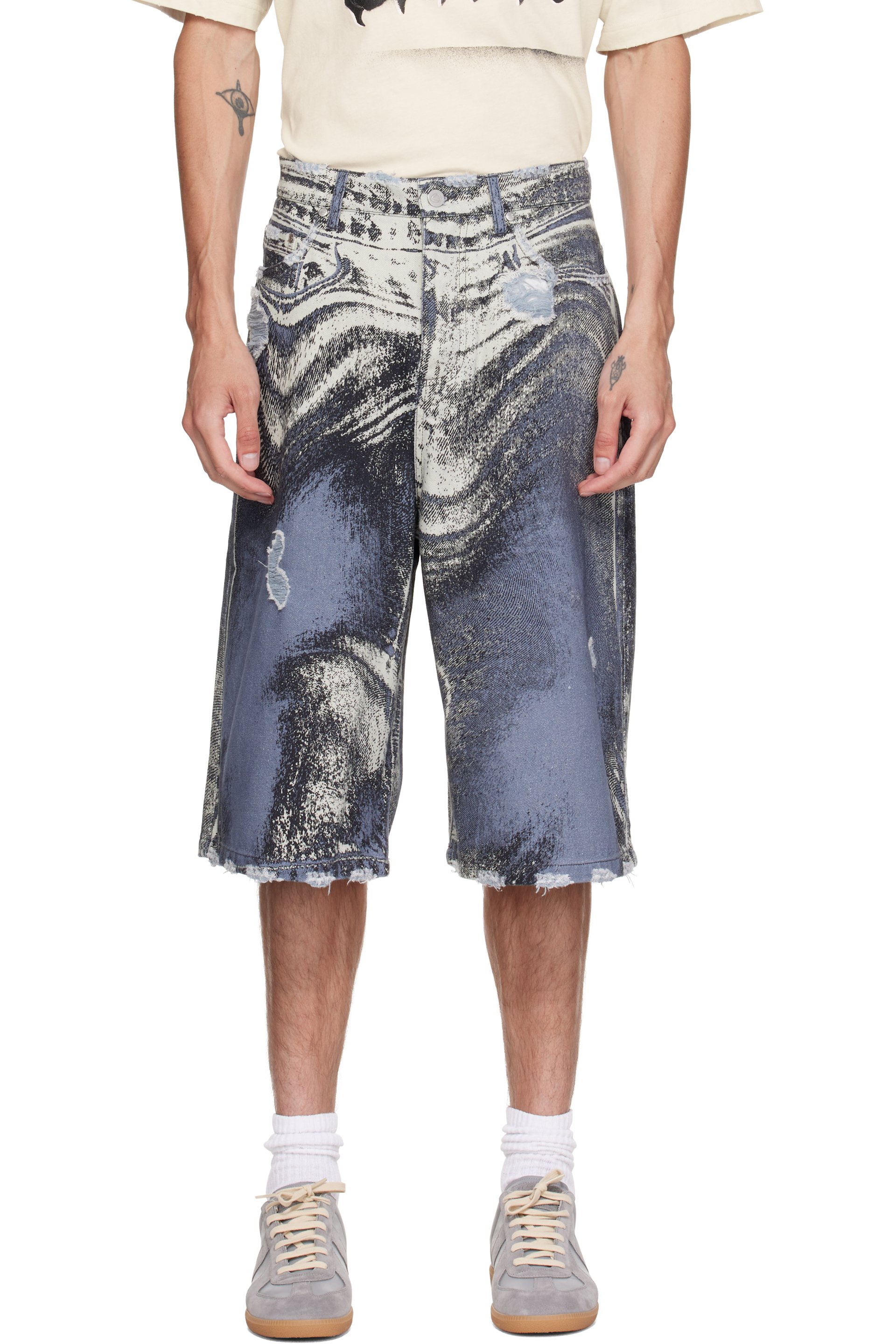 CAMPERLAB - Blue Distorted Print Distressed Denim Shorts