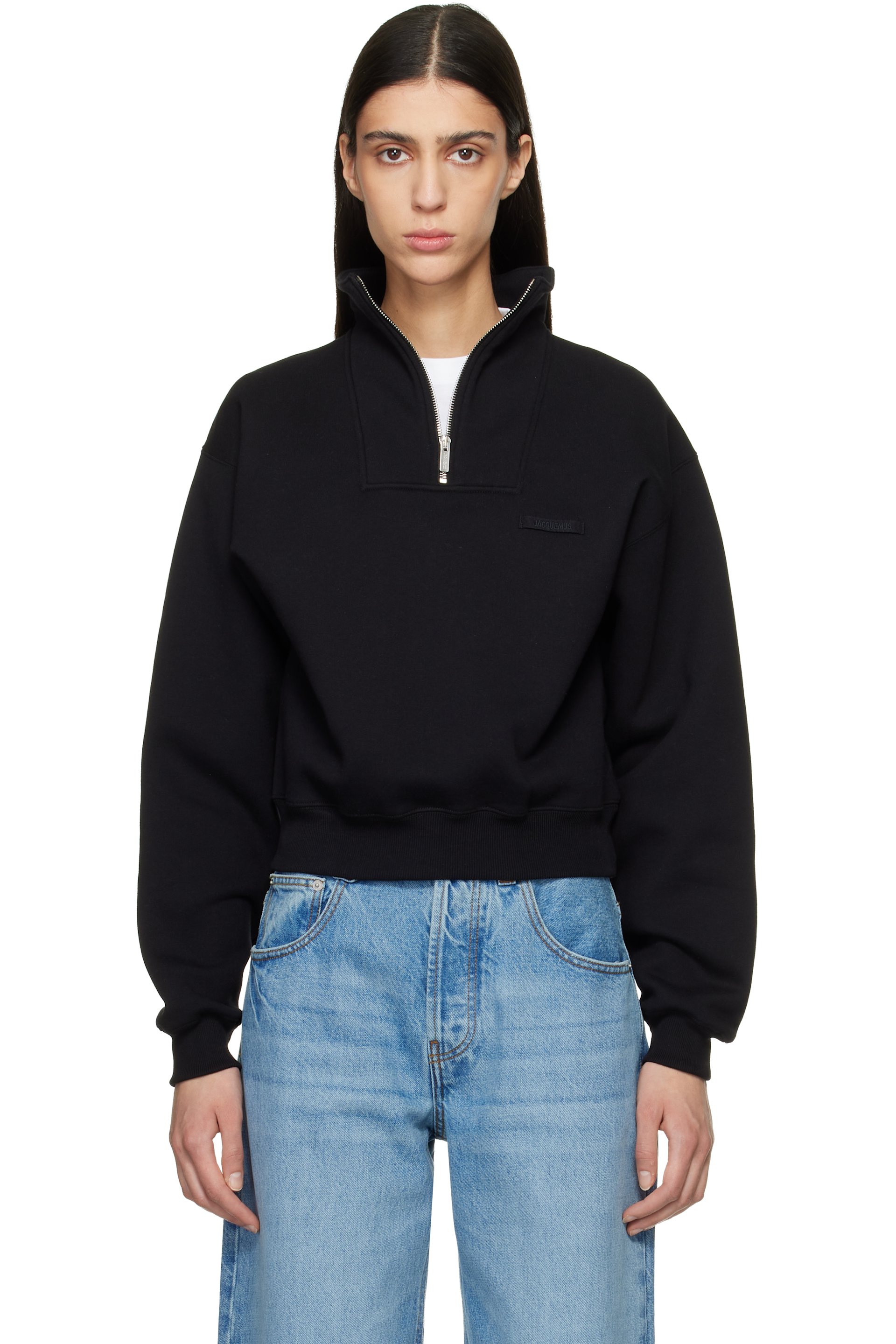 JACQUEMUS - Pull molletonné noir à demi-glissière et à écusson en gros-grain