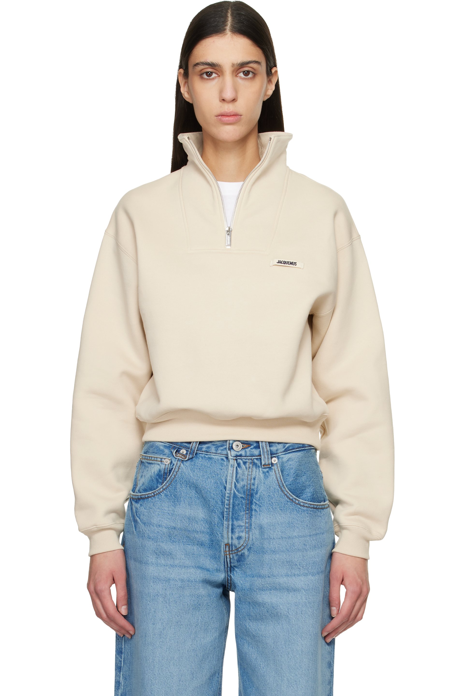 JACQUEMUS - Pull molletonné beige à demi-glissière et à écusson en gros-grain