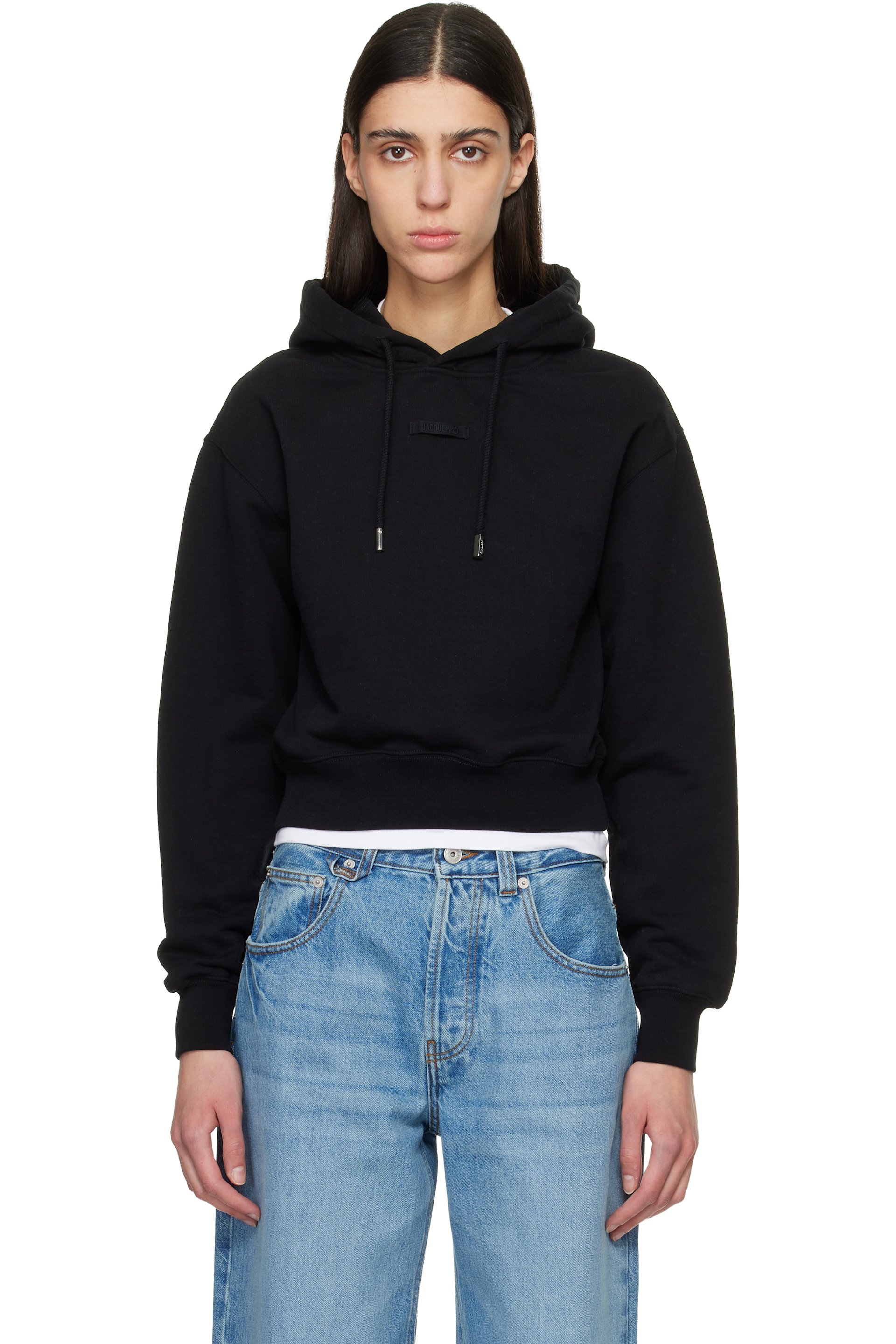 JACQUEMUS - Pull à capuche noir à écusson en gros-grain