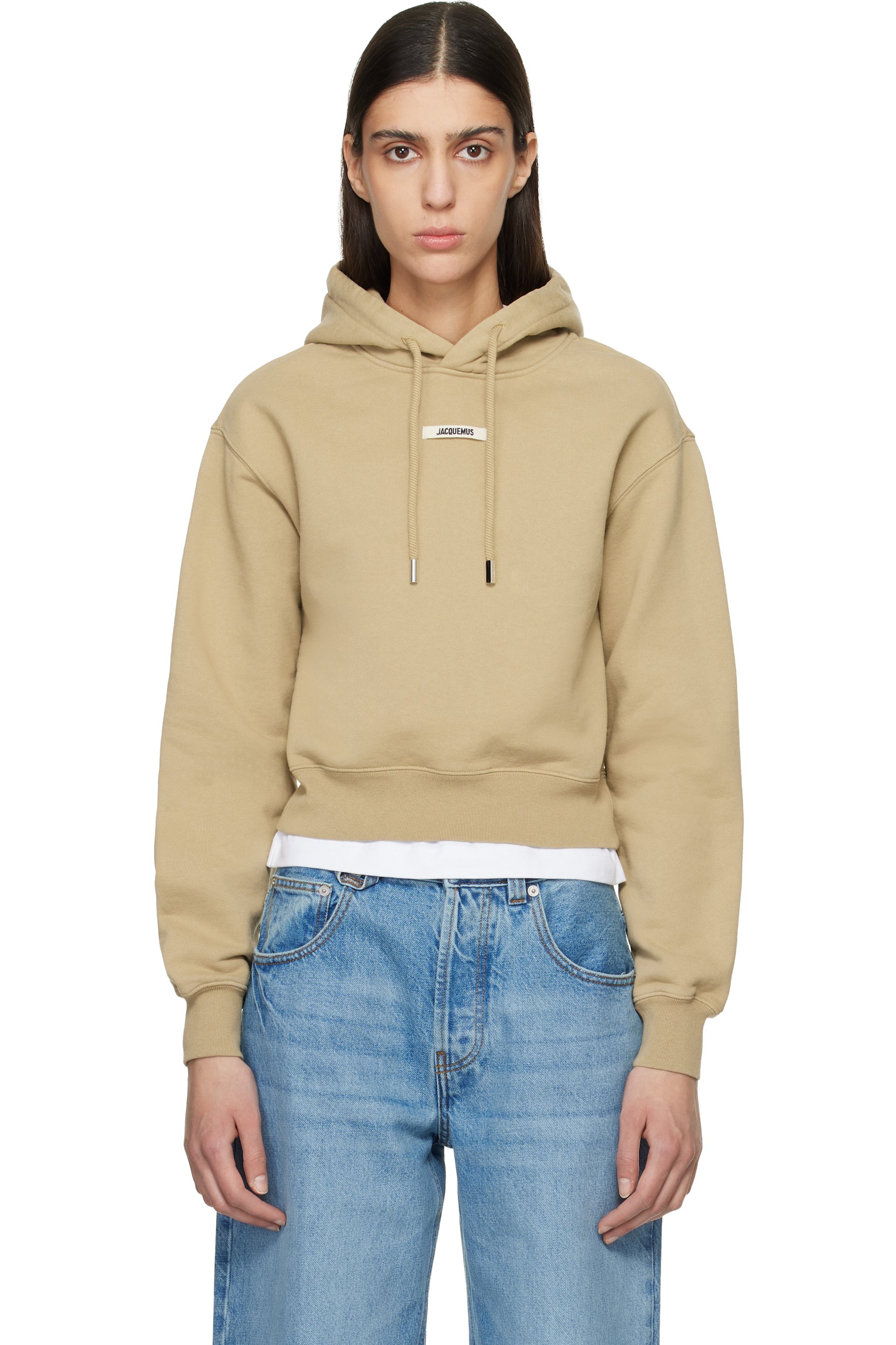 JACQUEMUS - Pull à capuche beige à écusson en gros-grain