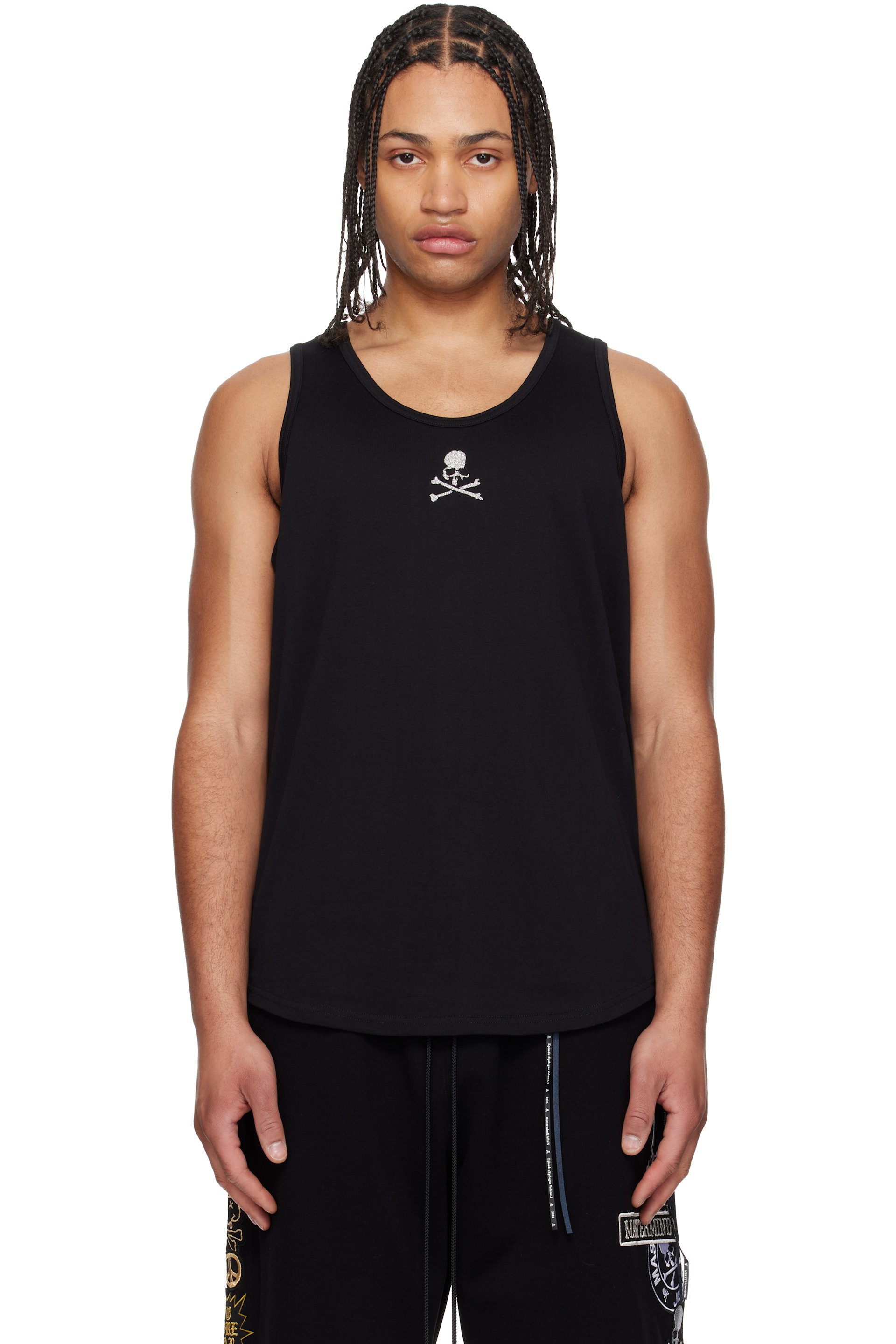 mastermind JAPAN ロングタンクトップ mastermind JAPAN: Black Glass Beaded Loopwheel Tank Top | SSENSE