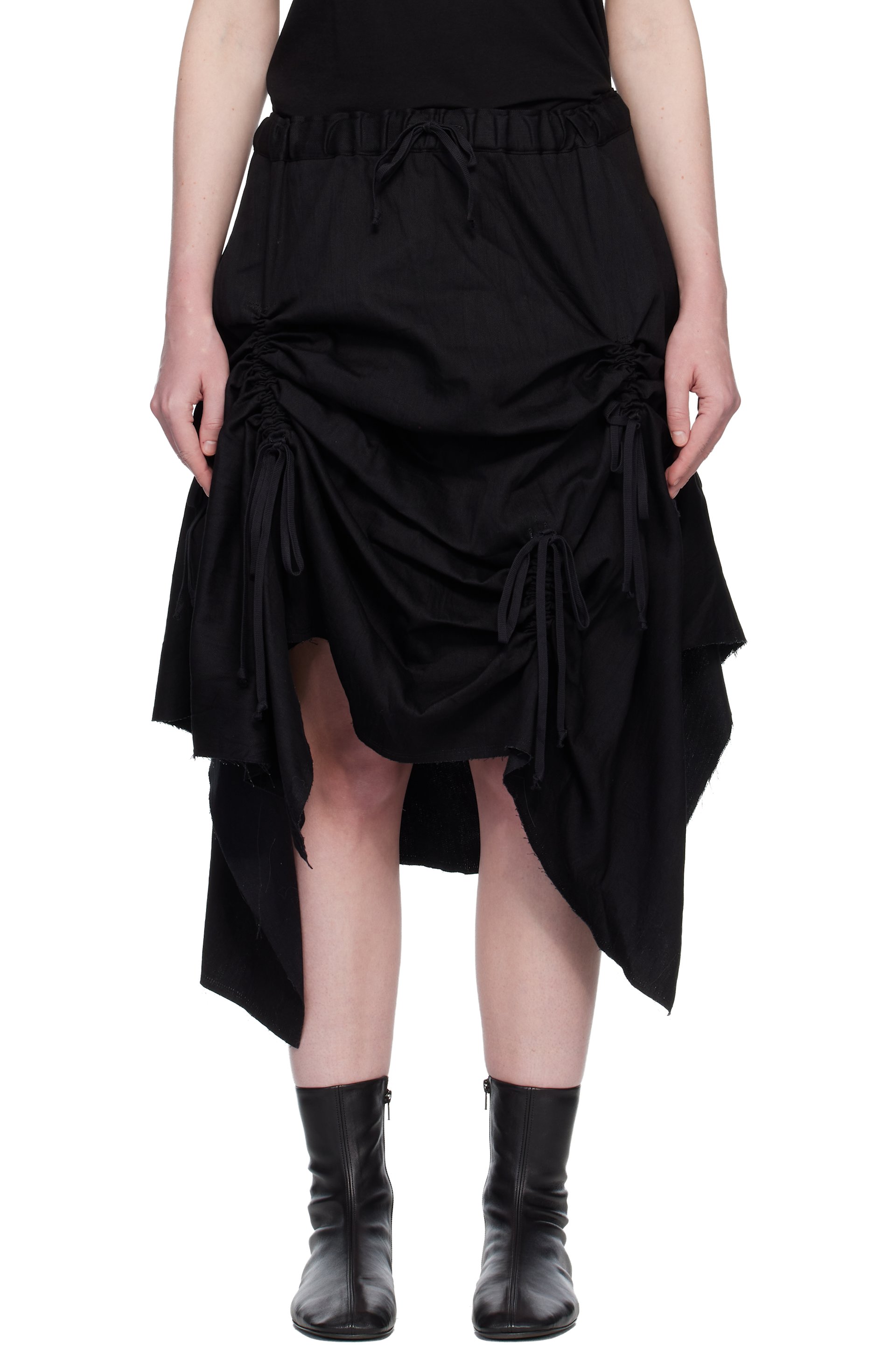 Yohji Yamamoto - Jupe midi noire en denim à fronces