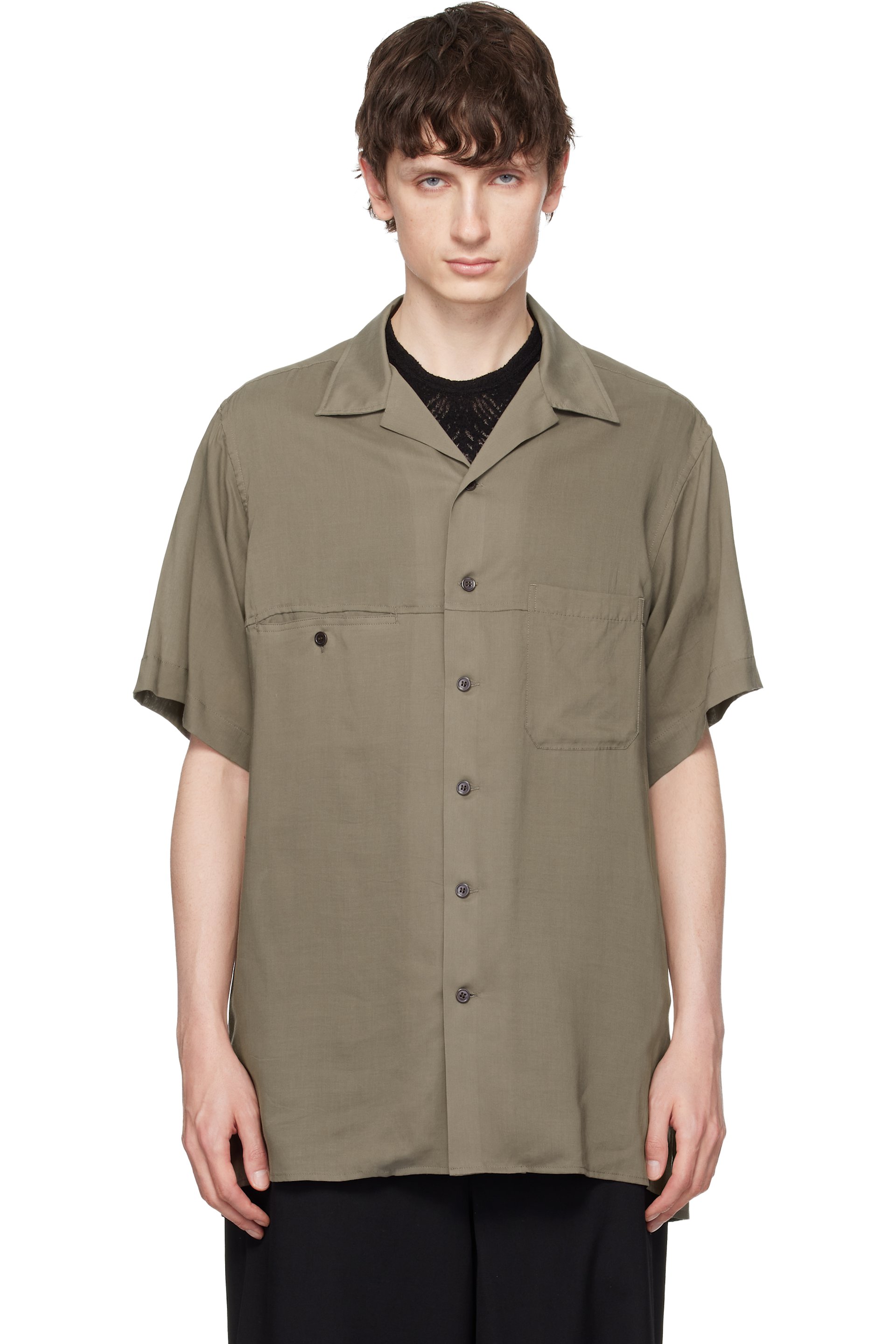 YOHJI YAMAMOTO - 베이지 셀룰로스 론 패널 오픈 칼라 셔츠
