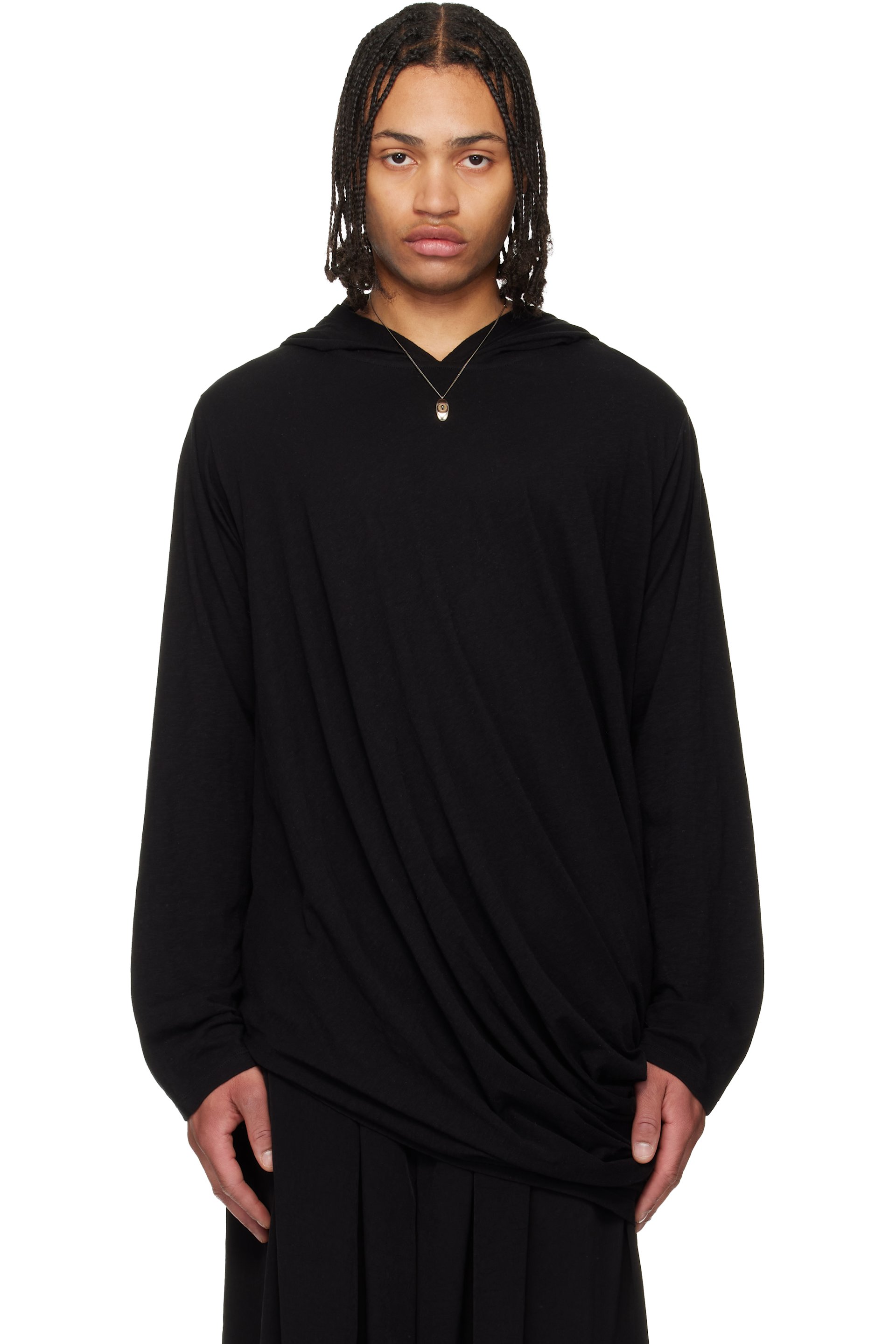 YOHJI YAMAMOTO: Black Drape Long Sleeve Hoodie | SSENSE UK