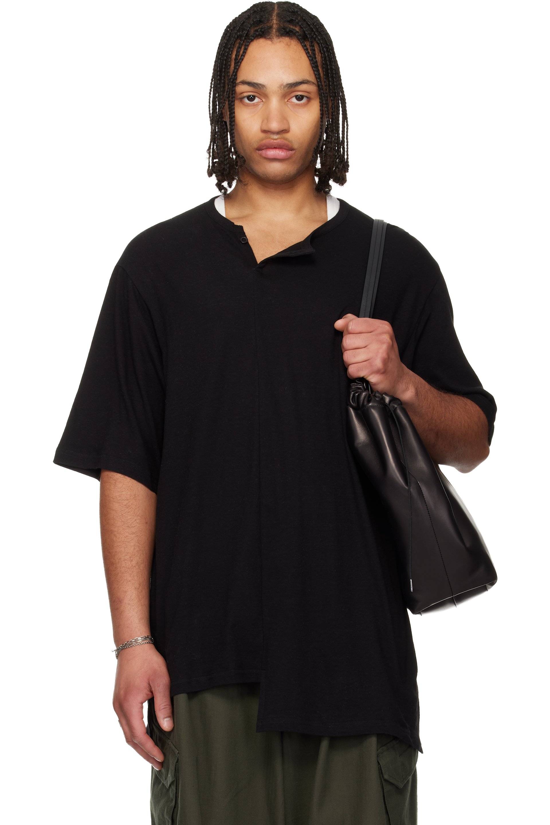 YOHJI YAMAMOTO - 黑色 Paneled Short Sleeve 亨利衫