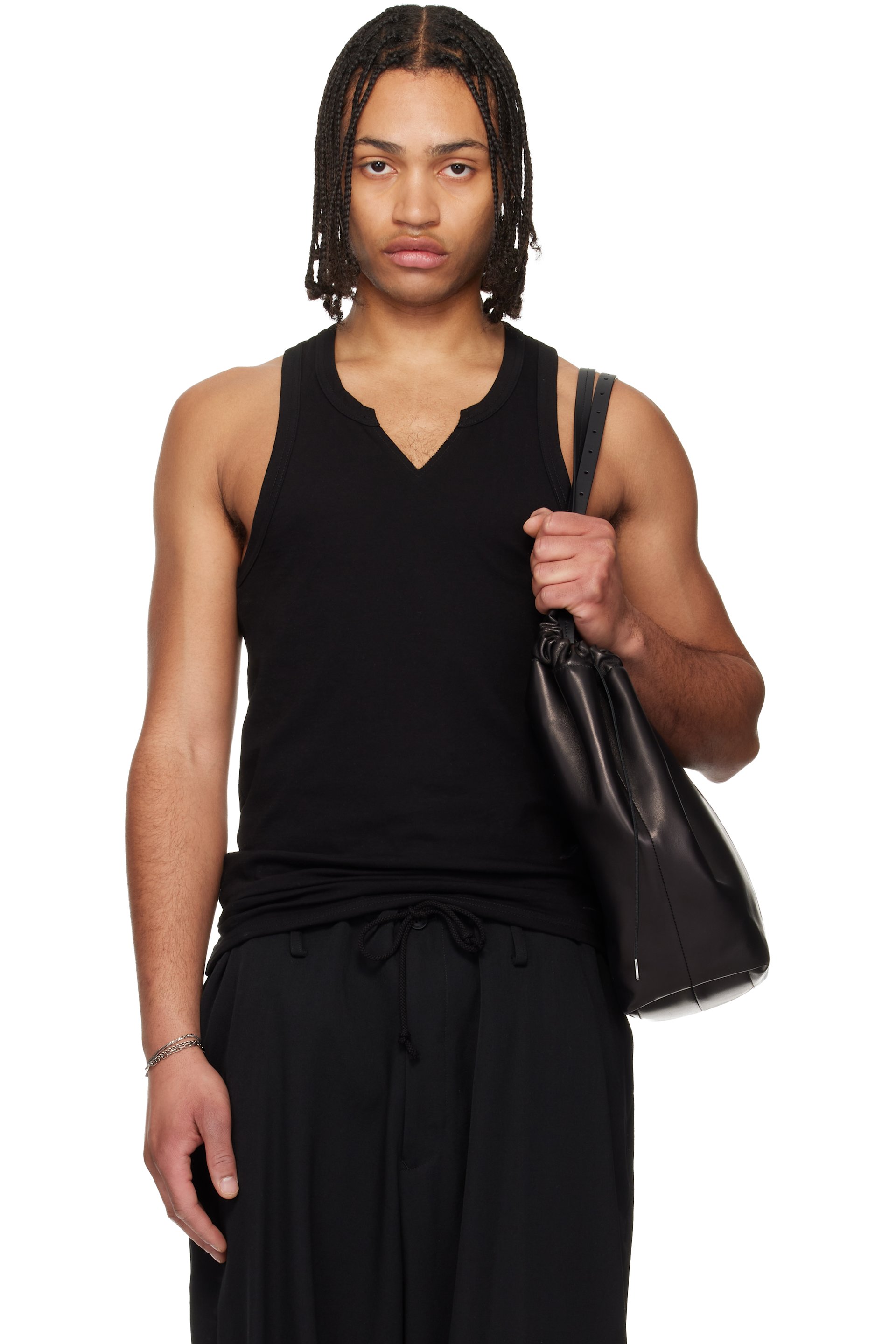 YOHJI YAMAMOTO - Black Single Jersey V Neck Tank Top