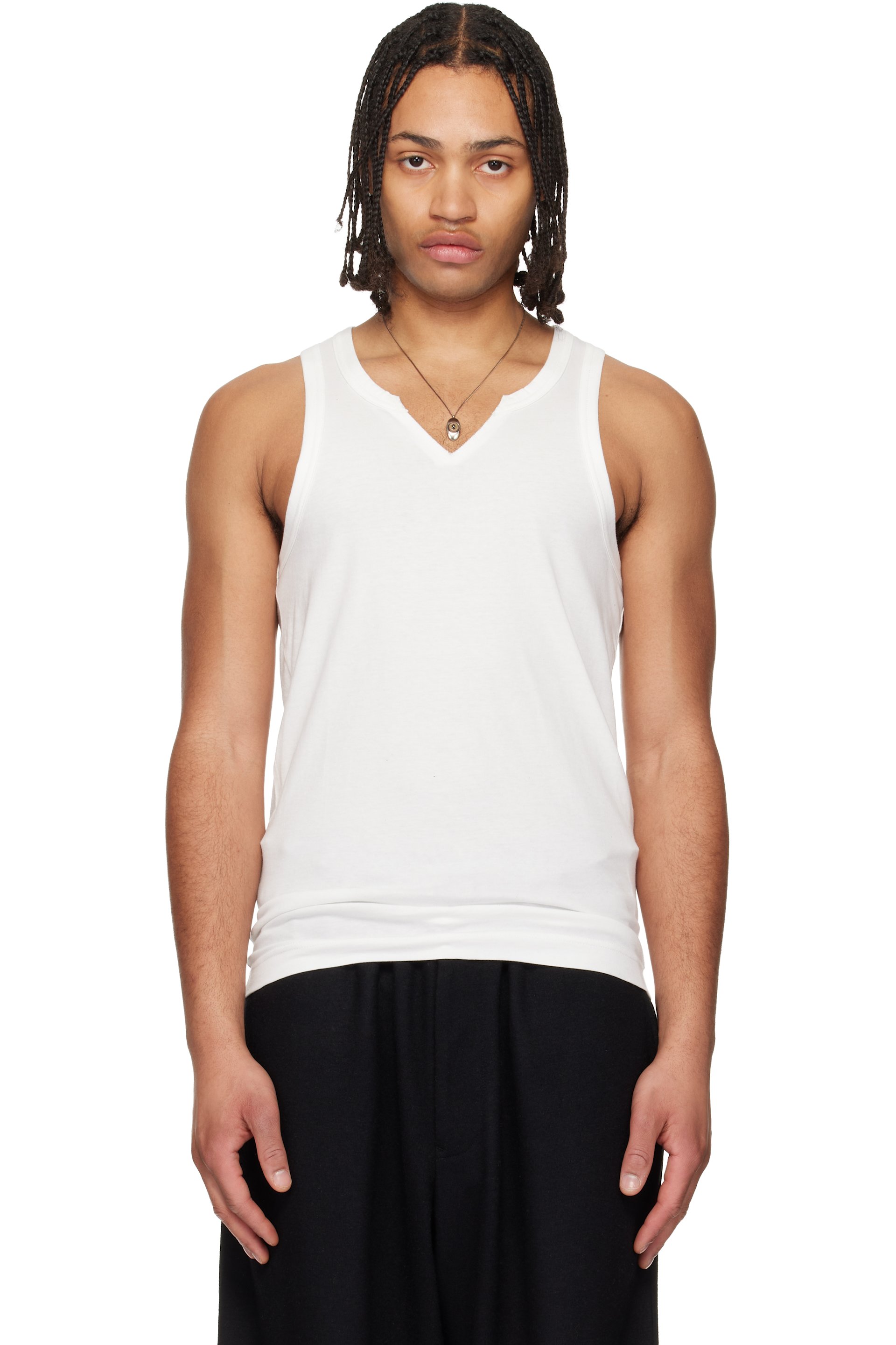 YOHJI YAMAMOTO: Off-White Single Jersey V Neck Tank Top | SSENSE