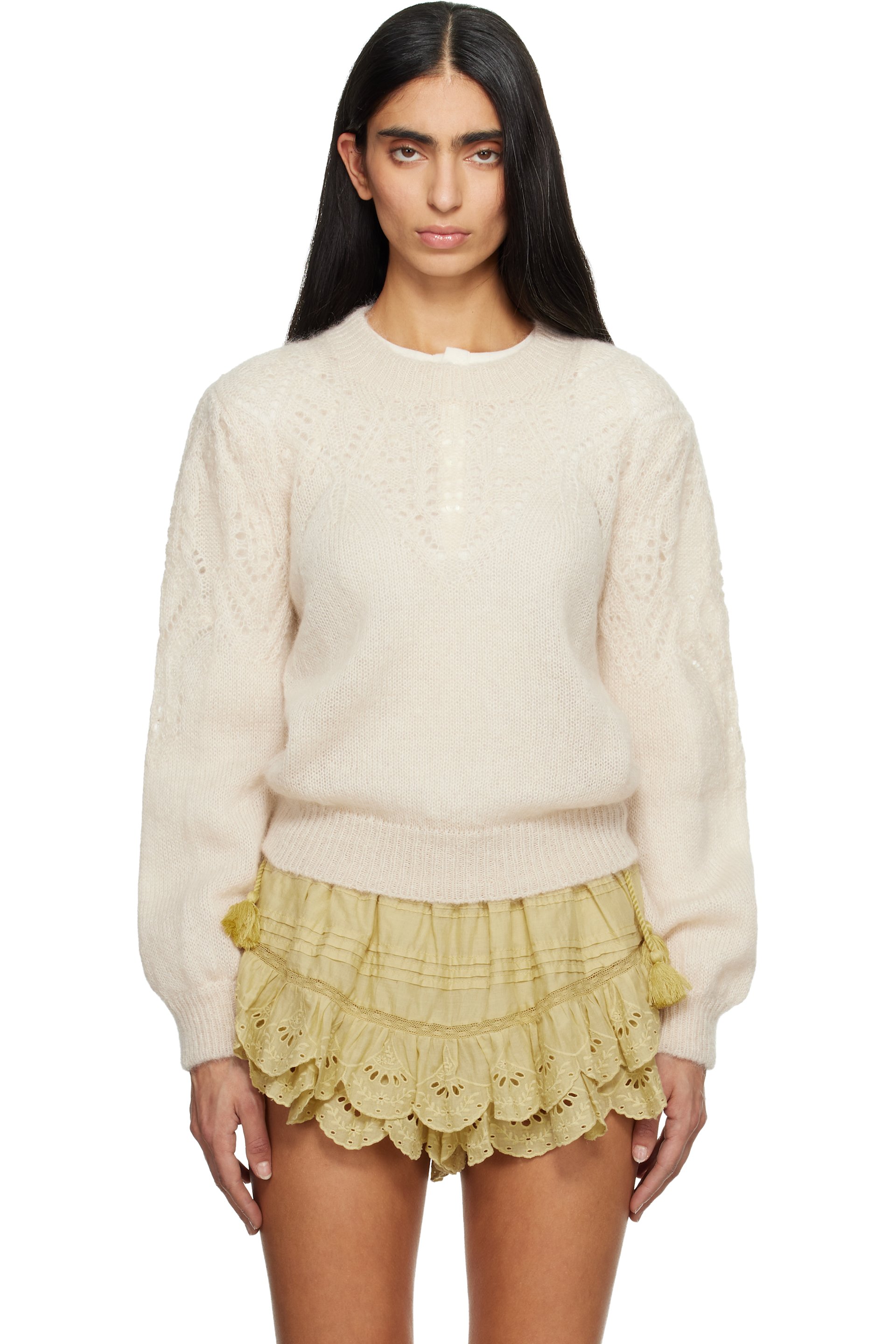 Isabel Marant Etoile - Pull Jenia beige en mohair à ornements en tricot à mailles ouvertes