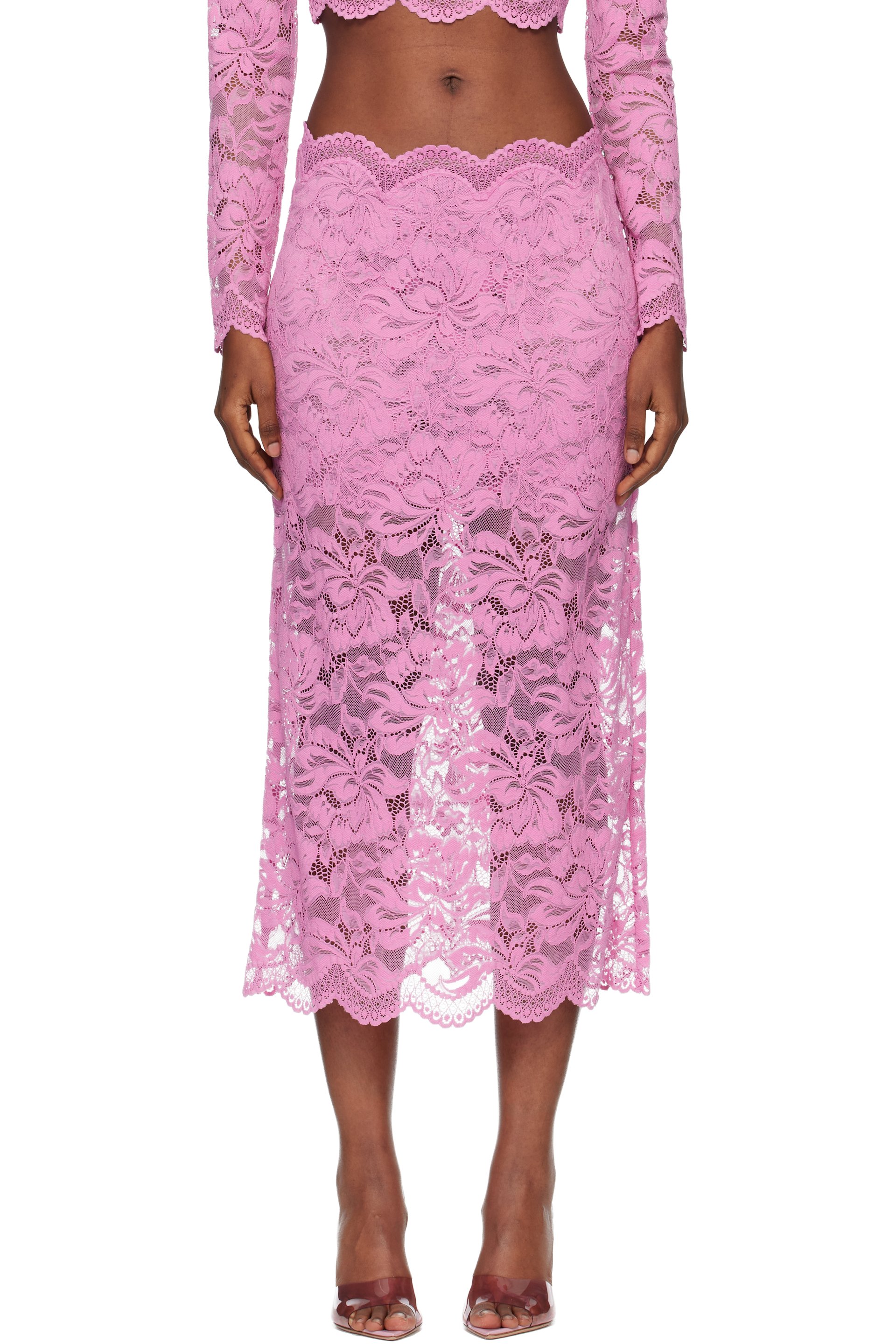 Rabanne - Jupe midi rose en dentelle