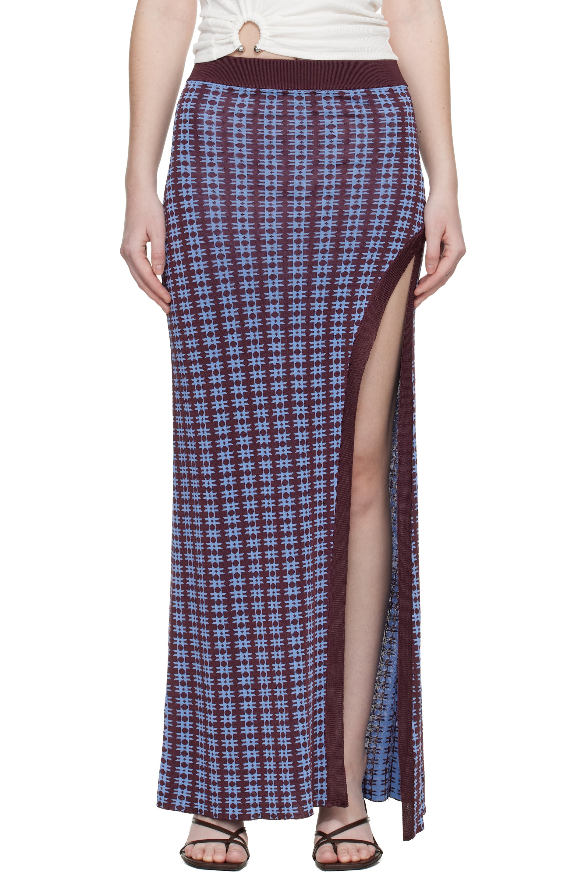 Rabanne - Jupe midi bleu et bourgogne en tricot