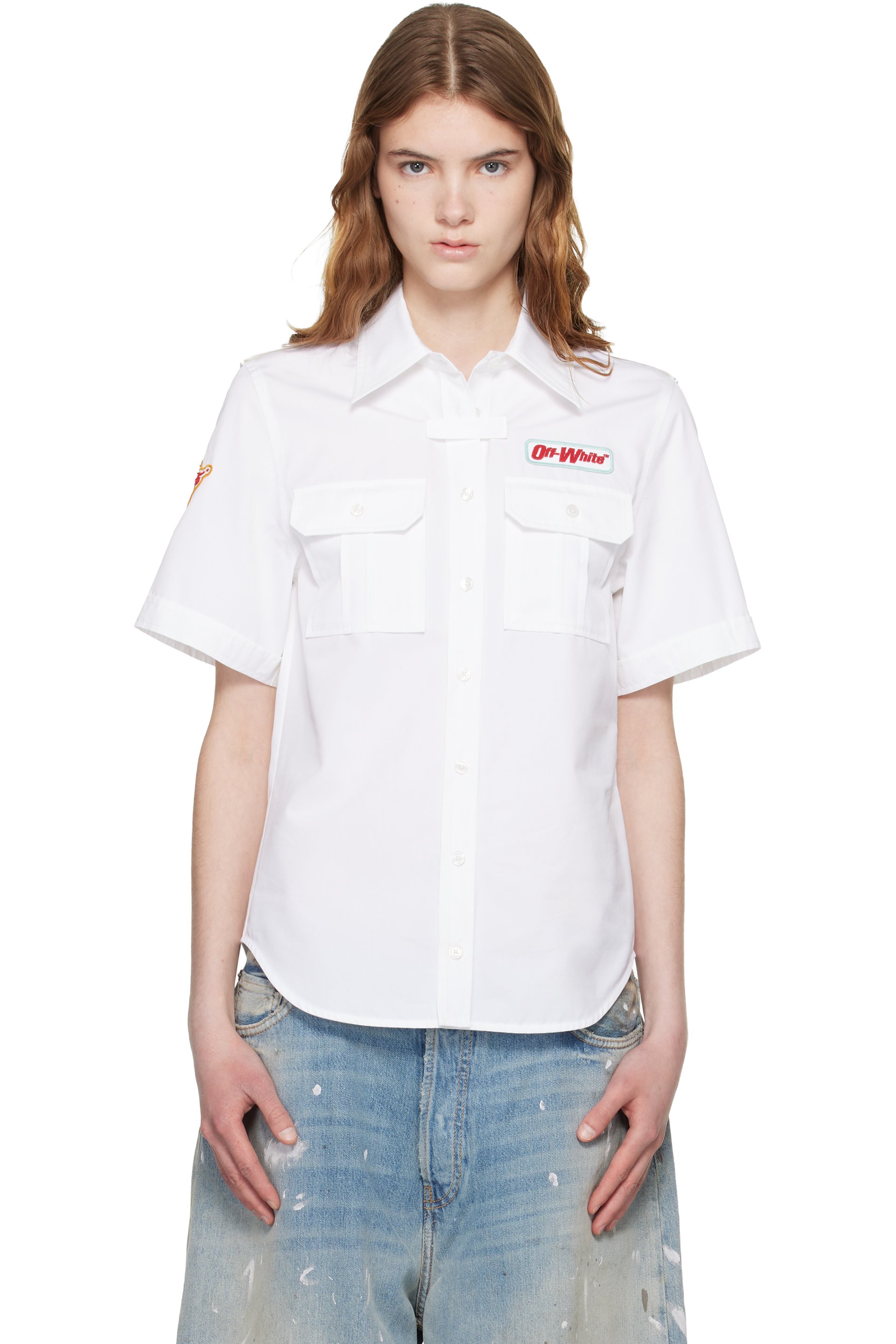 Off-White - Chemise à manches courtes ajustée blanche en popeline