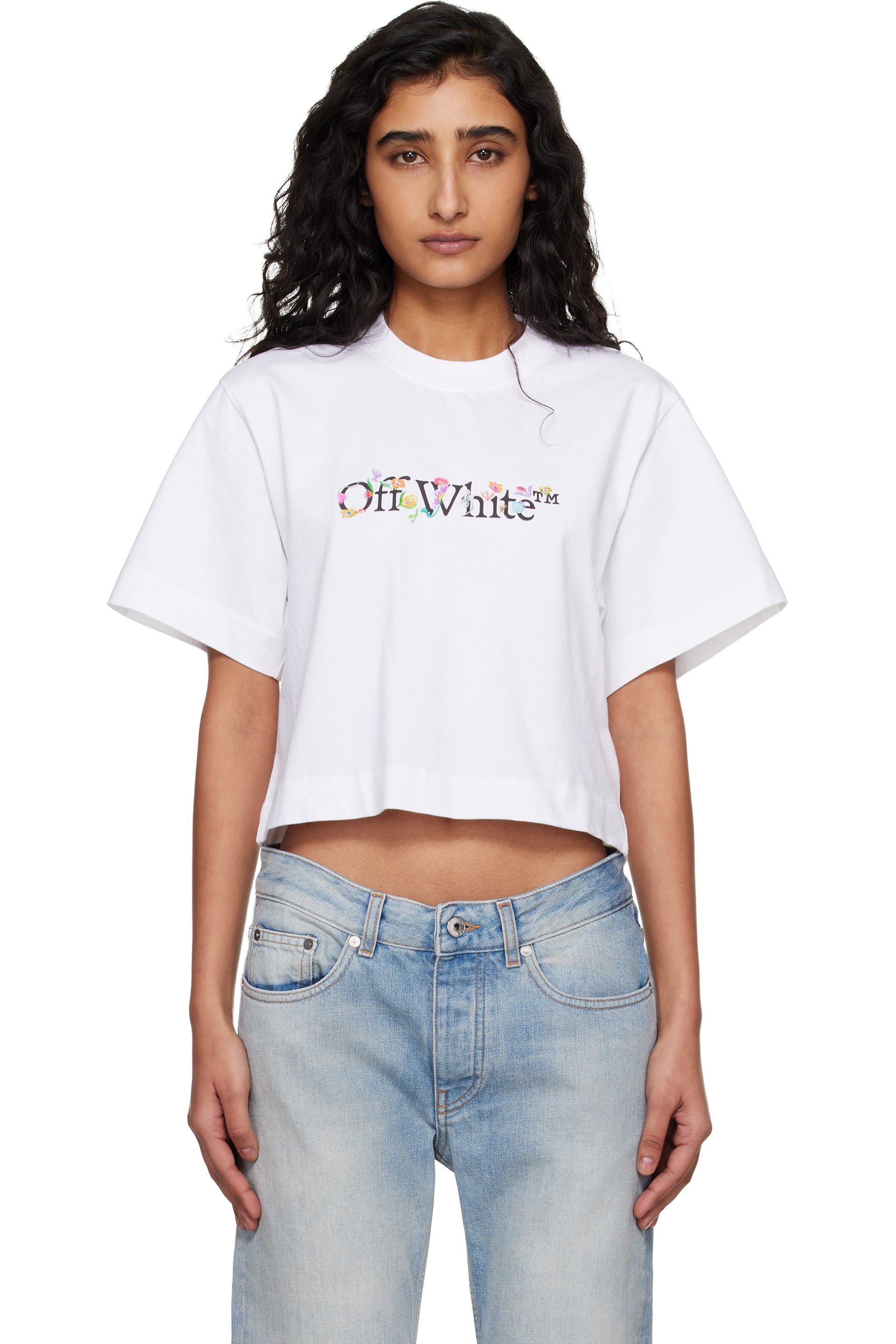Off-White - T-shirt écourté Glowing Flower blanc à logo