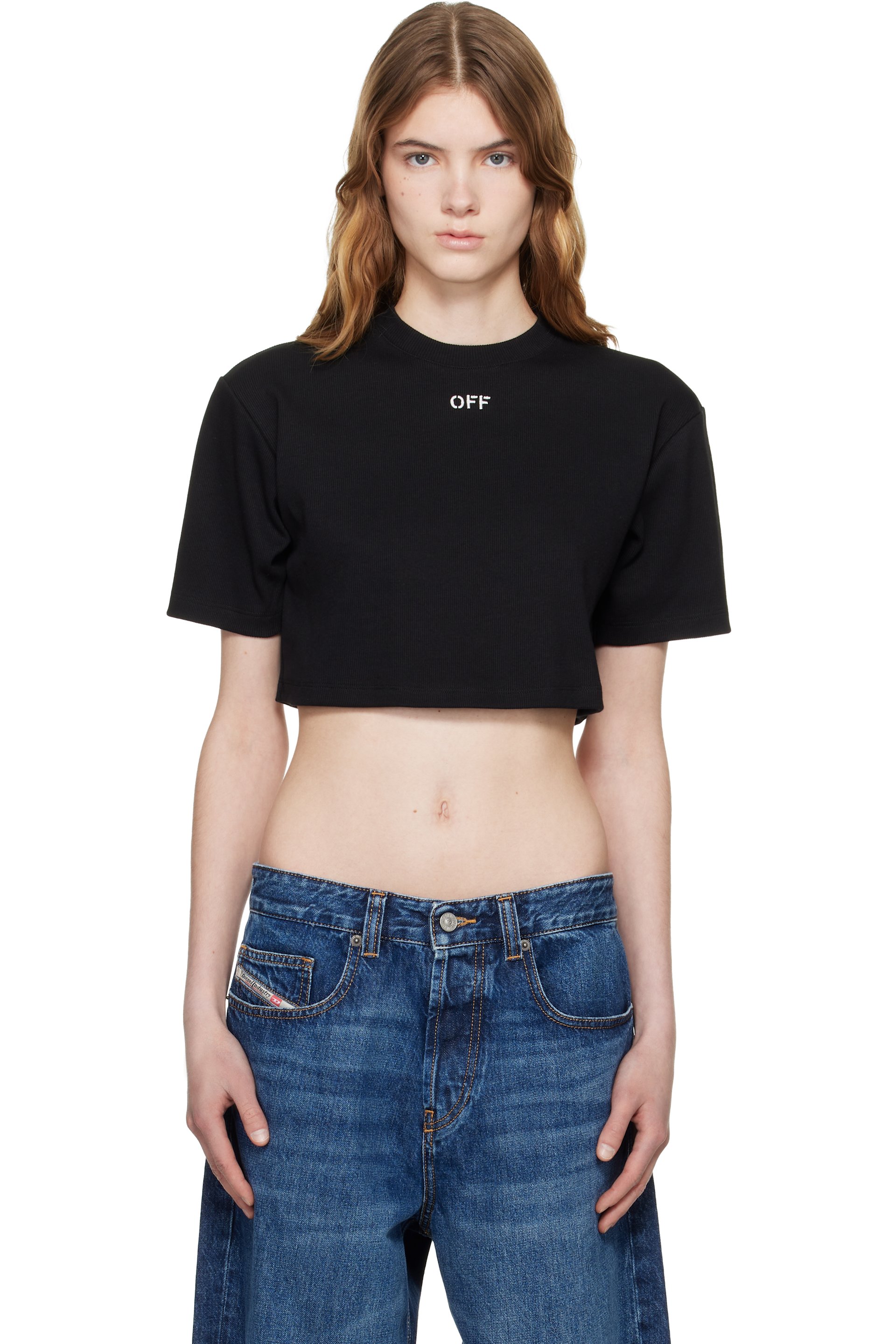 Off-White - T-shirt écourté noir en jersey côtelé à logo