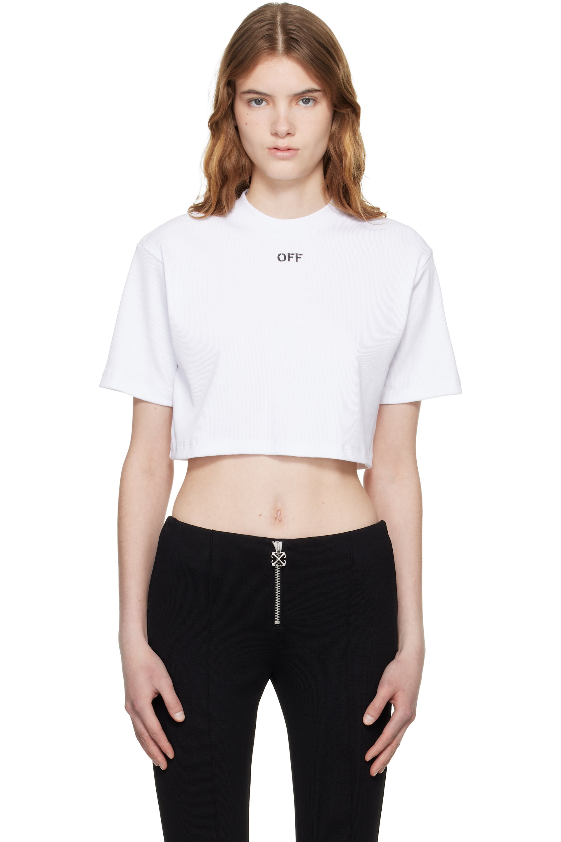 Off-White - T-shirt écourté blanc en jersey côtelé à logo