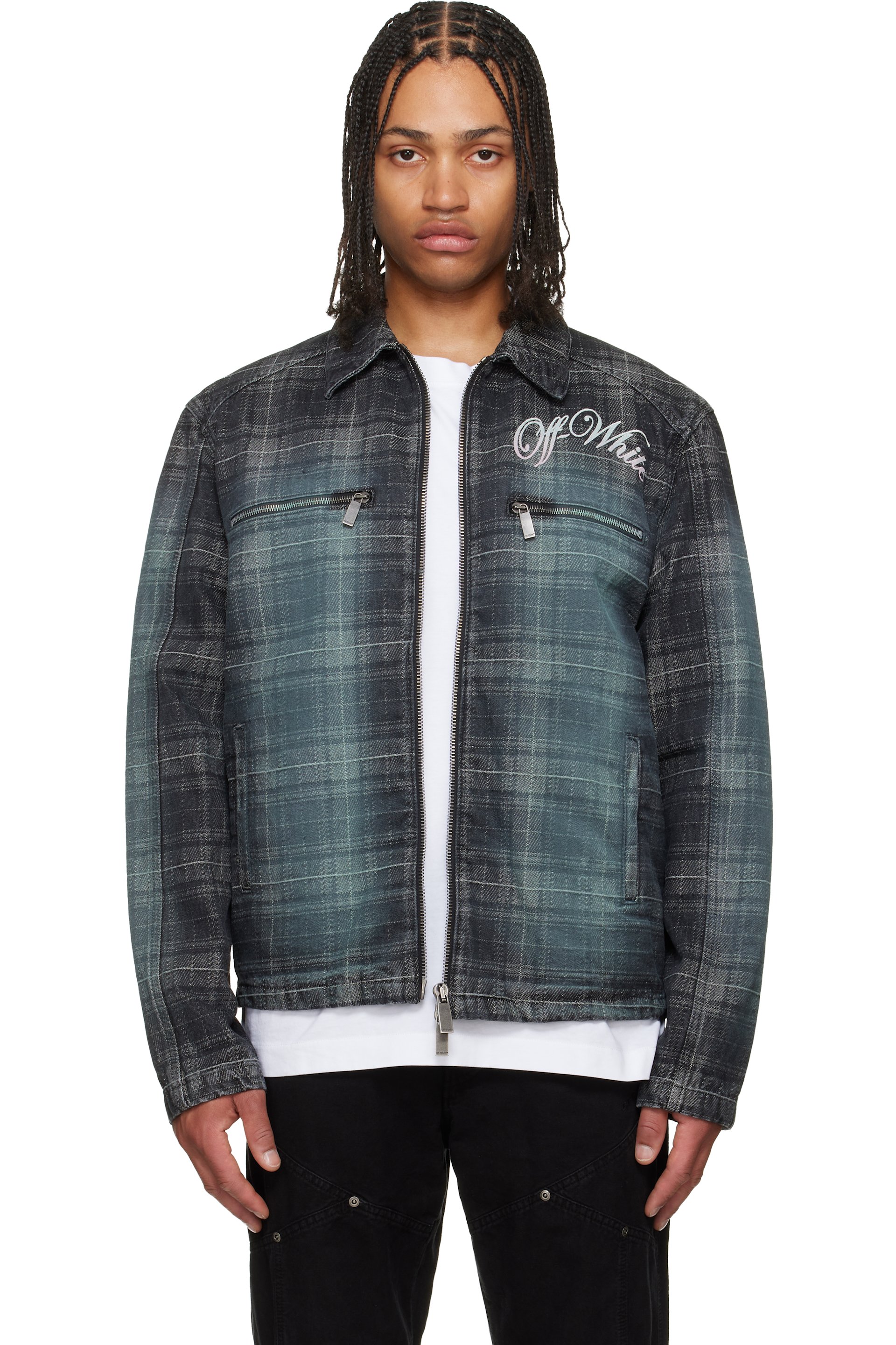 Off-White - Gray Check Jacquard Skate Coach Denim Jacket