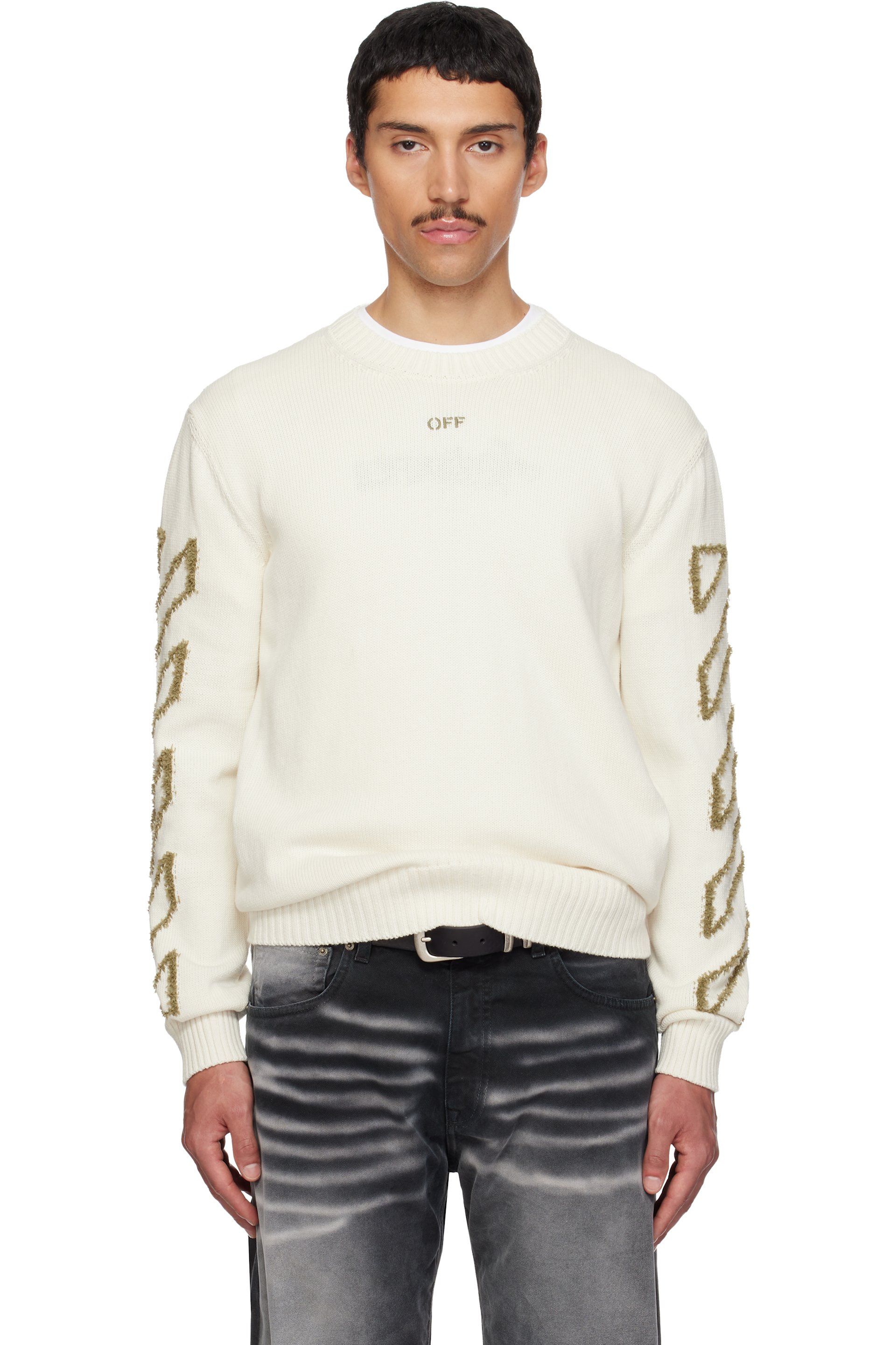 Off-White - Off-White Diagonal Outline Knit Crewneck Sweater