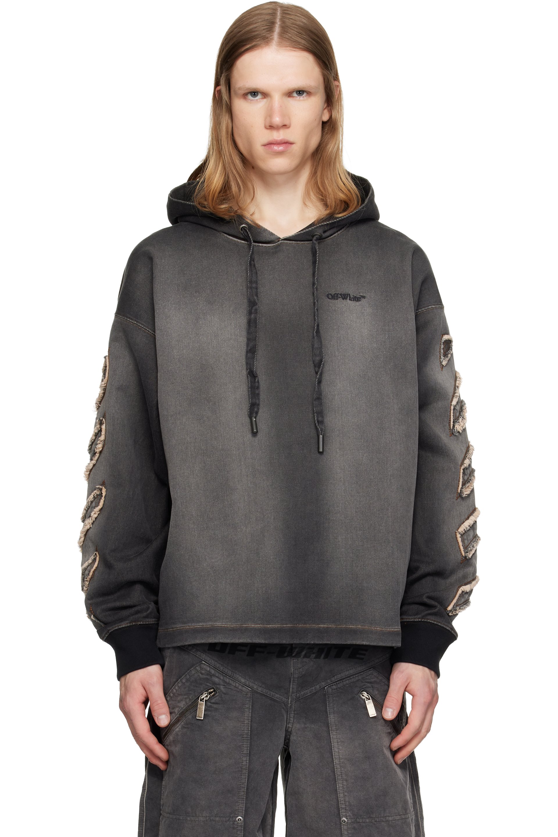 Off-White - Gray Distress Diag Loose Highlighted B Hoodie