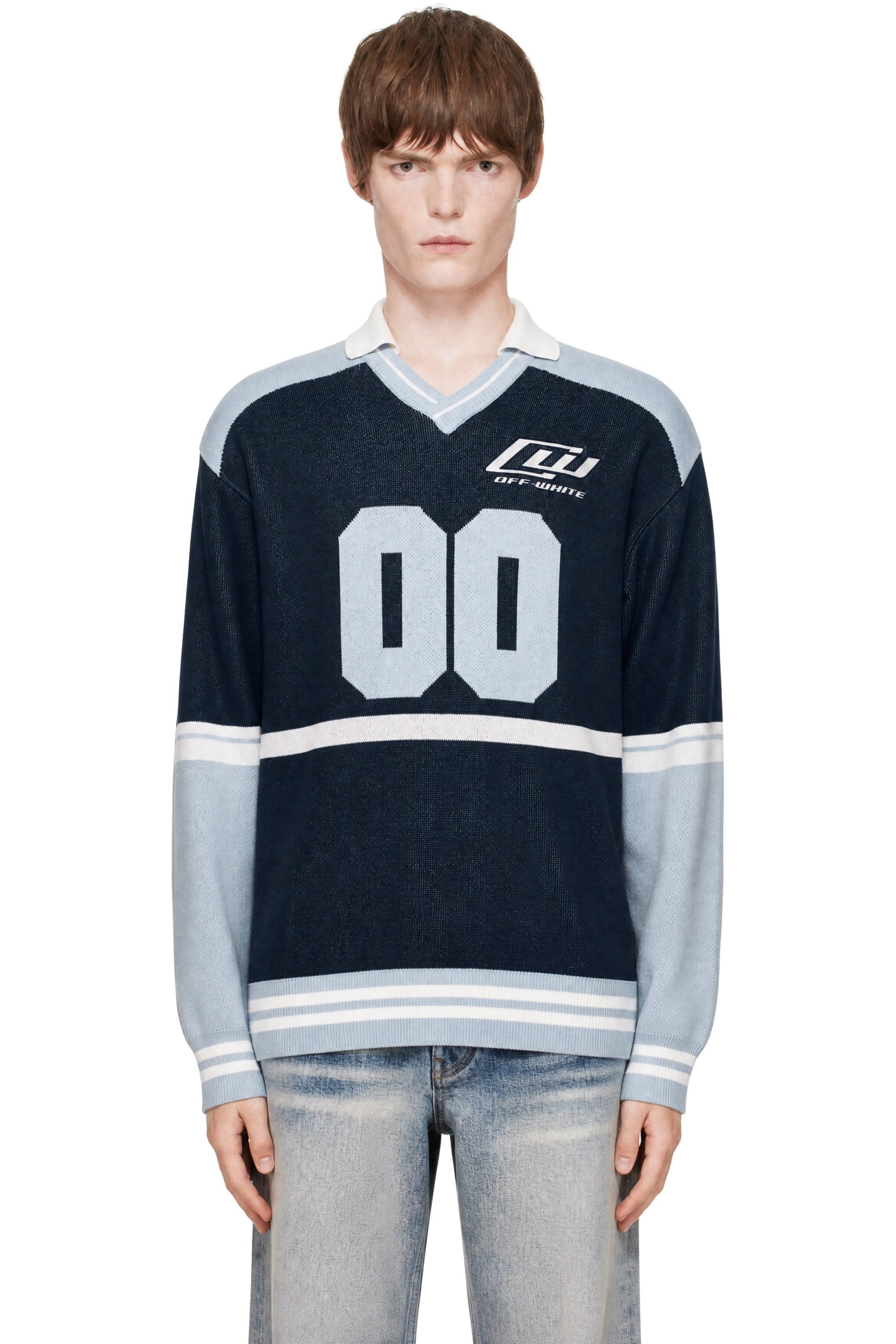 Off-White - Navy 'OWR 00' Sporty Knit LS Polo