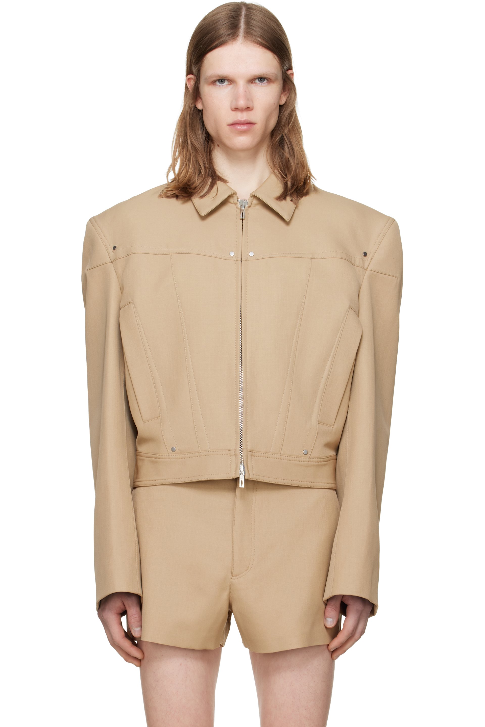 LGN Louis Gabriel Nouchi - Beige Shoulder Padding Wool Zipped Jacket