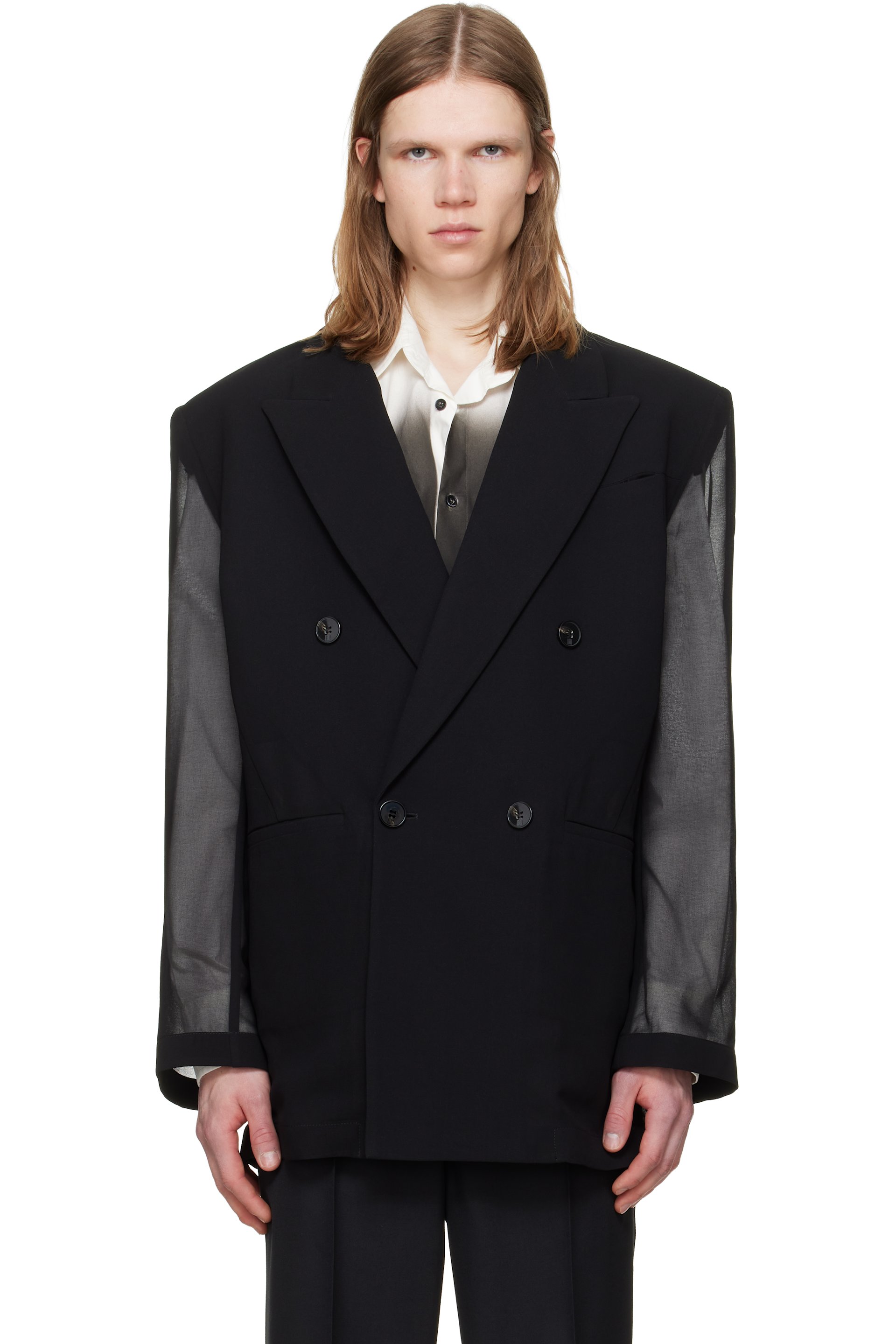 LGN Louis Gabriel Nouchi - Black 4-Button Double-Breasted Sheer Blazer