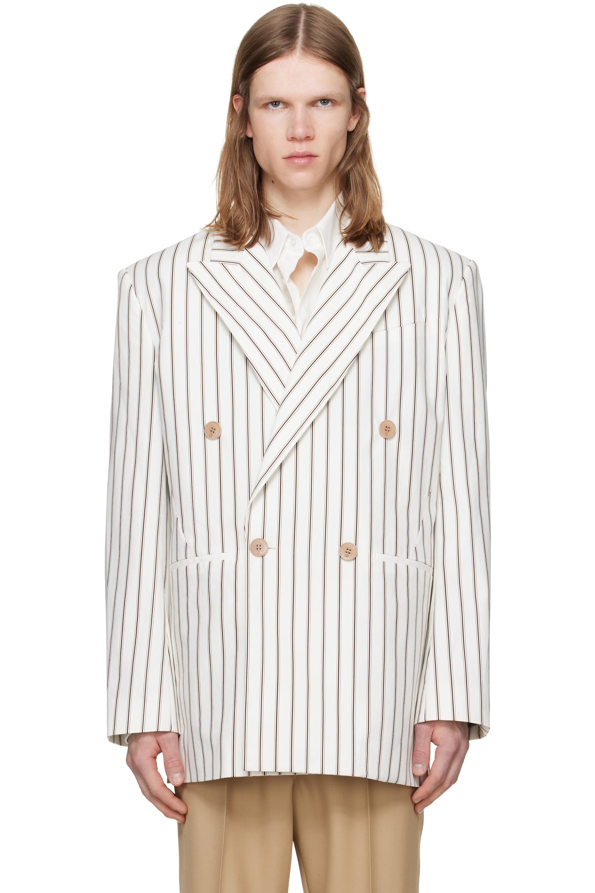 LGN Louis Gabriel Nouchi - Off-White Straight Double-Breasted Striped Blazer