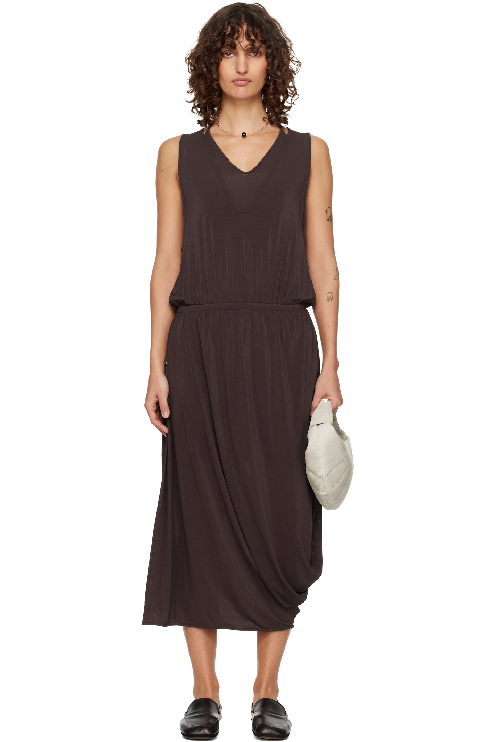 LEMAIRE - Brown Double Layer Drape Midi Dress