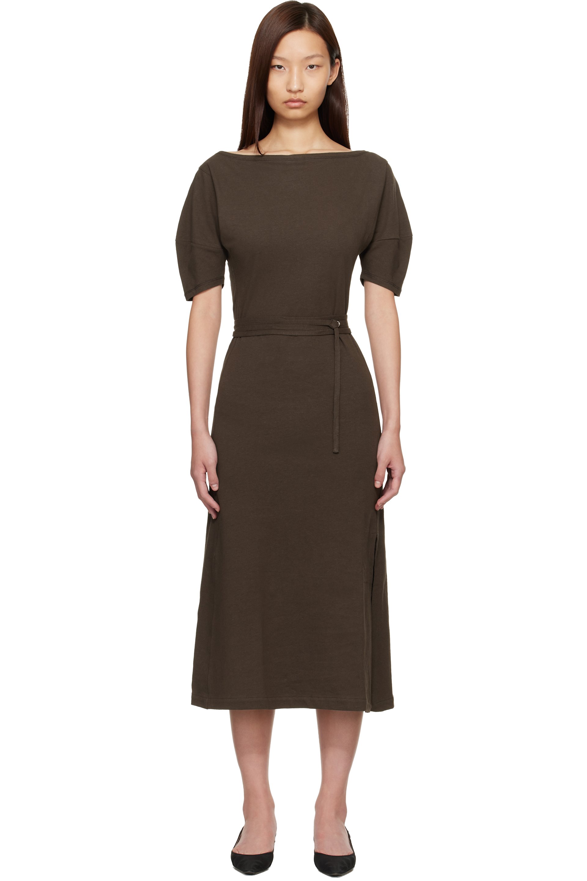LEMAIRE - Robe midi brune à épaule dénudée