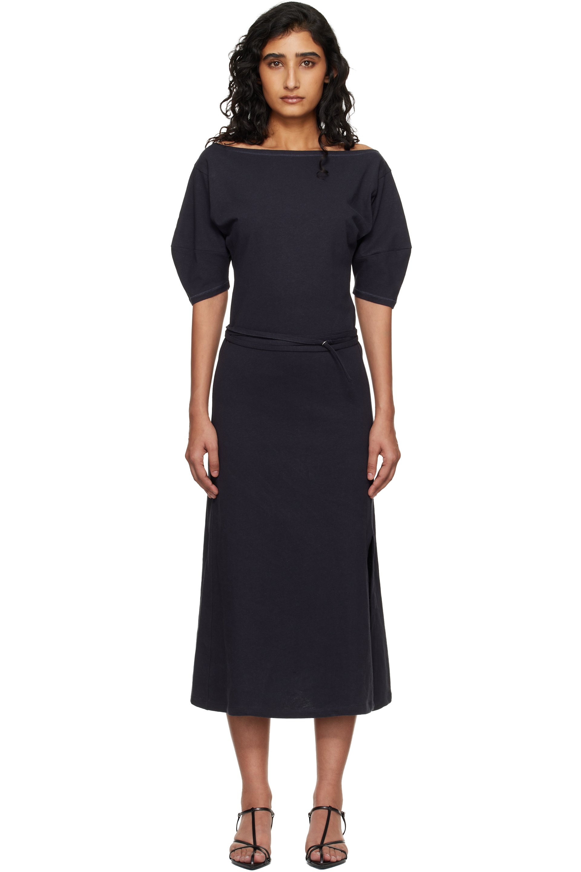 LEMAIRE - Robe midi bleu marine à épaules dénudées