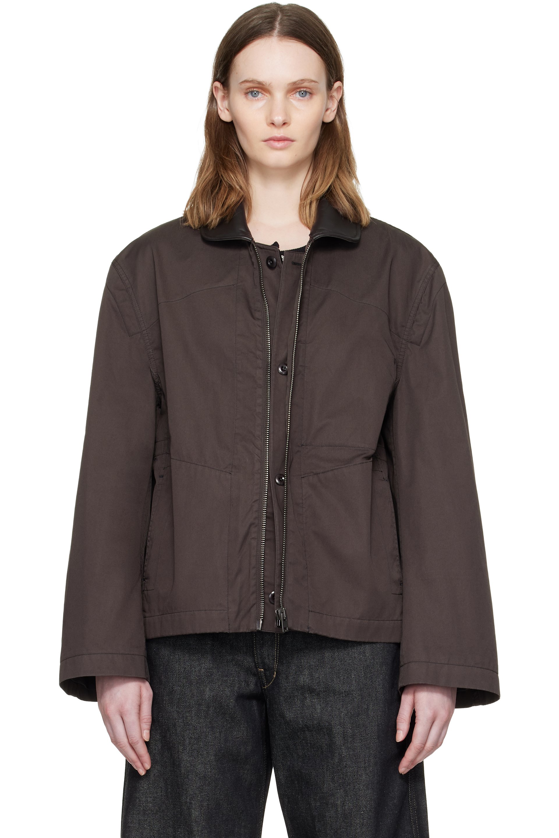 LEMAIRE - Brown Leather Collar Cotton Twill Blouson Jacket