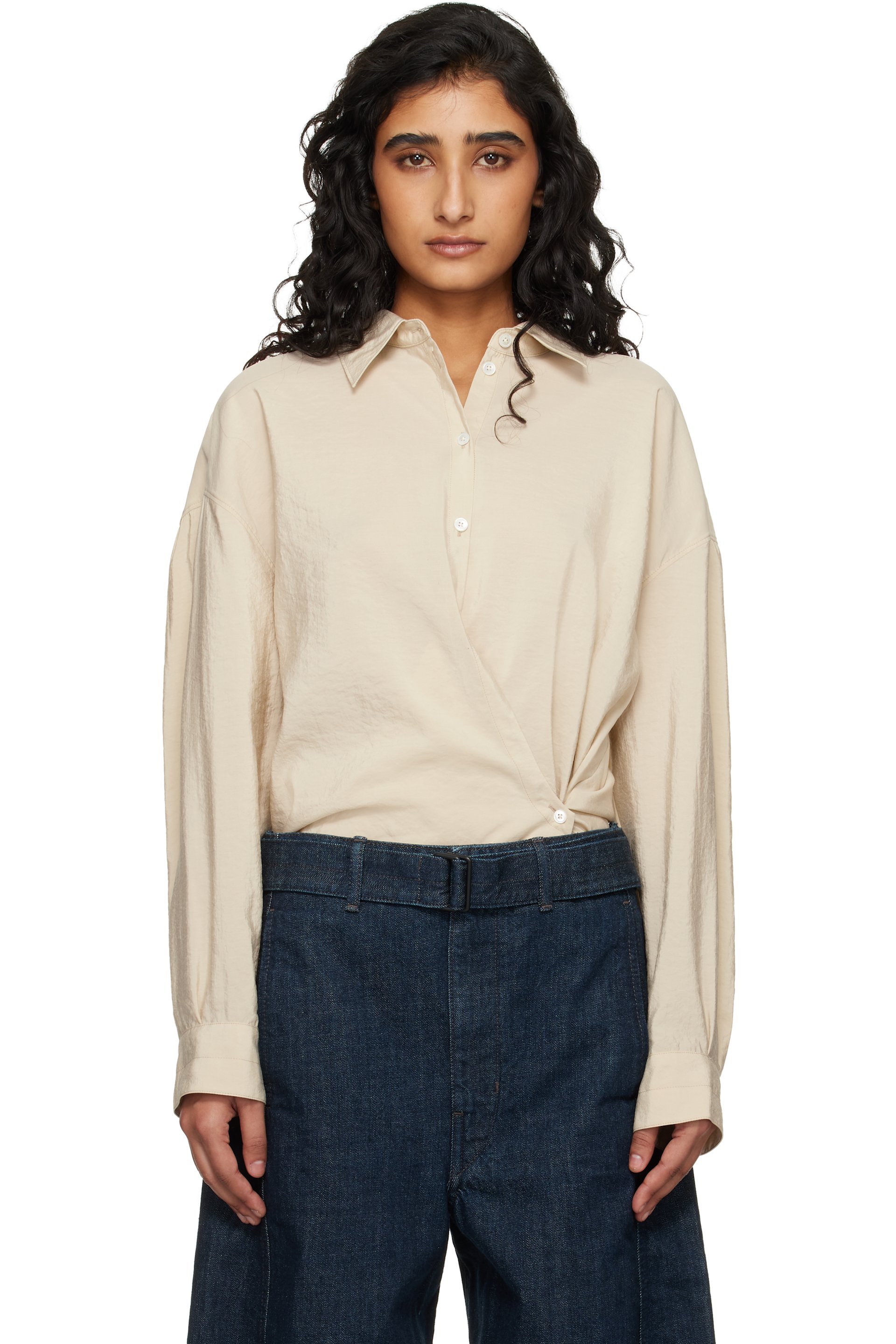 LEMAIRE - Chemise beige à col classique et à patte de boutonnage décentrée