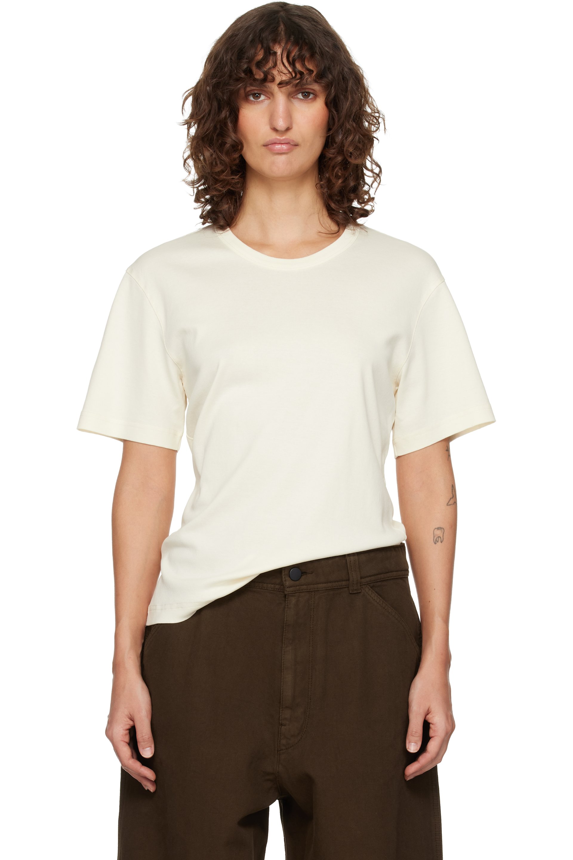 LEMAIRE - T-shirt blanc cassé à encolure en tricot côtelé