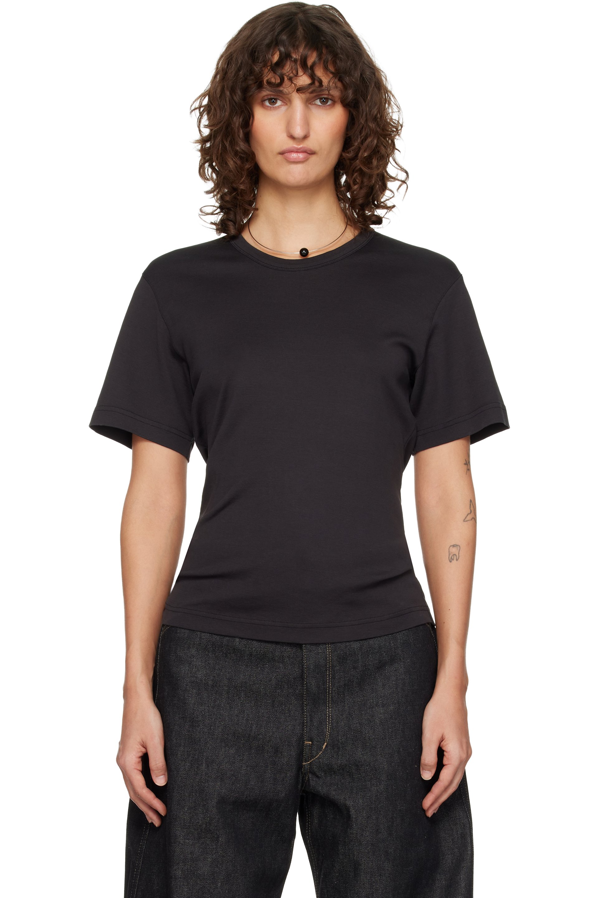LEMAIRE - T-shirt noir à encolure en tricot côtelé