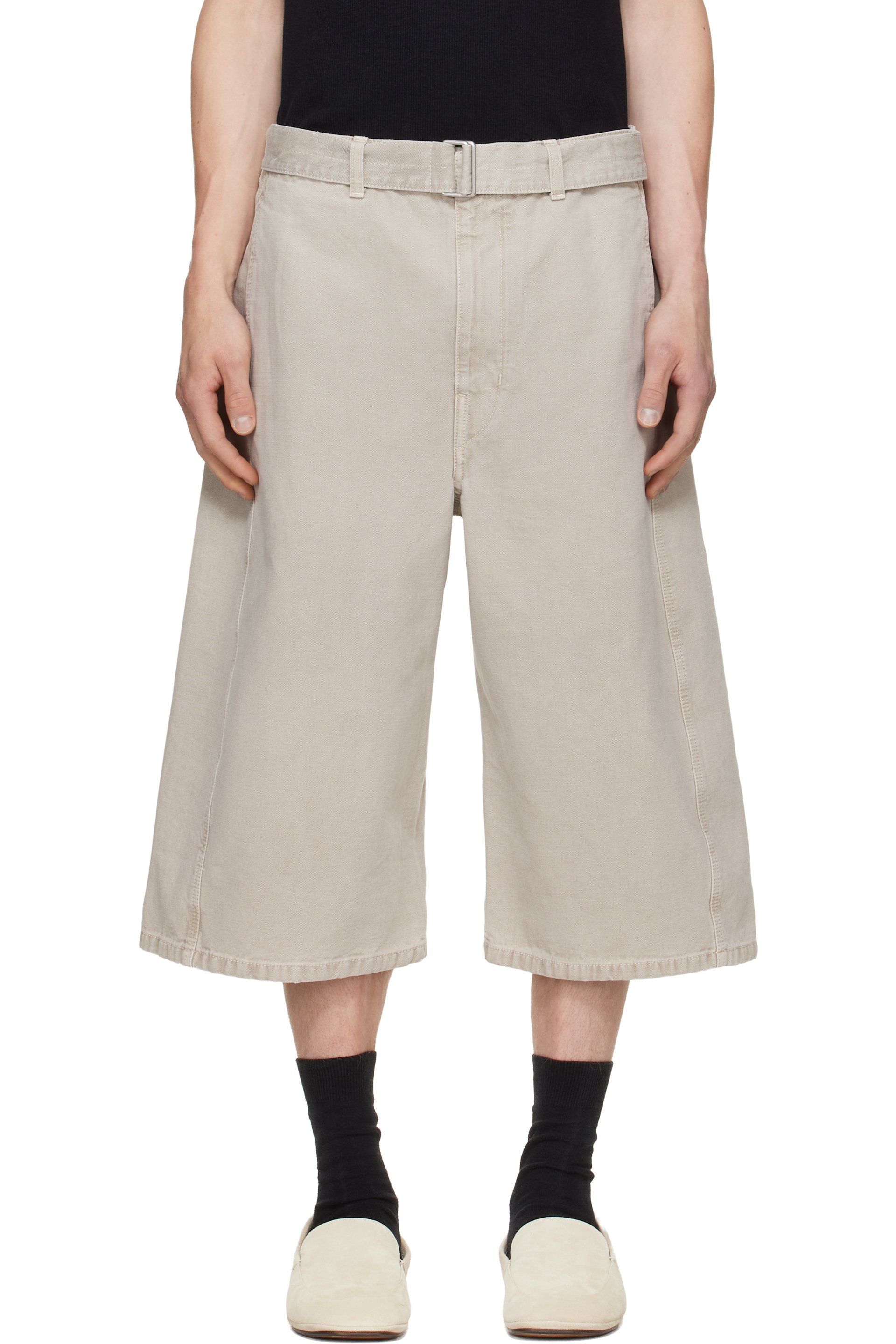LEMAIRE - Taupe Wide-Leg Belted Denim Shorts