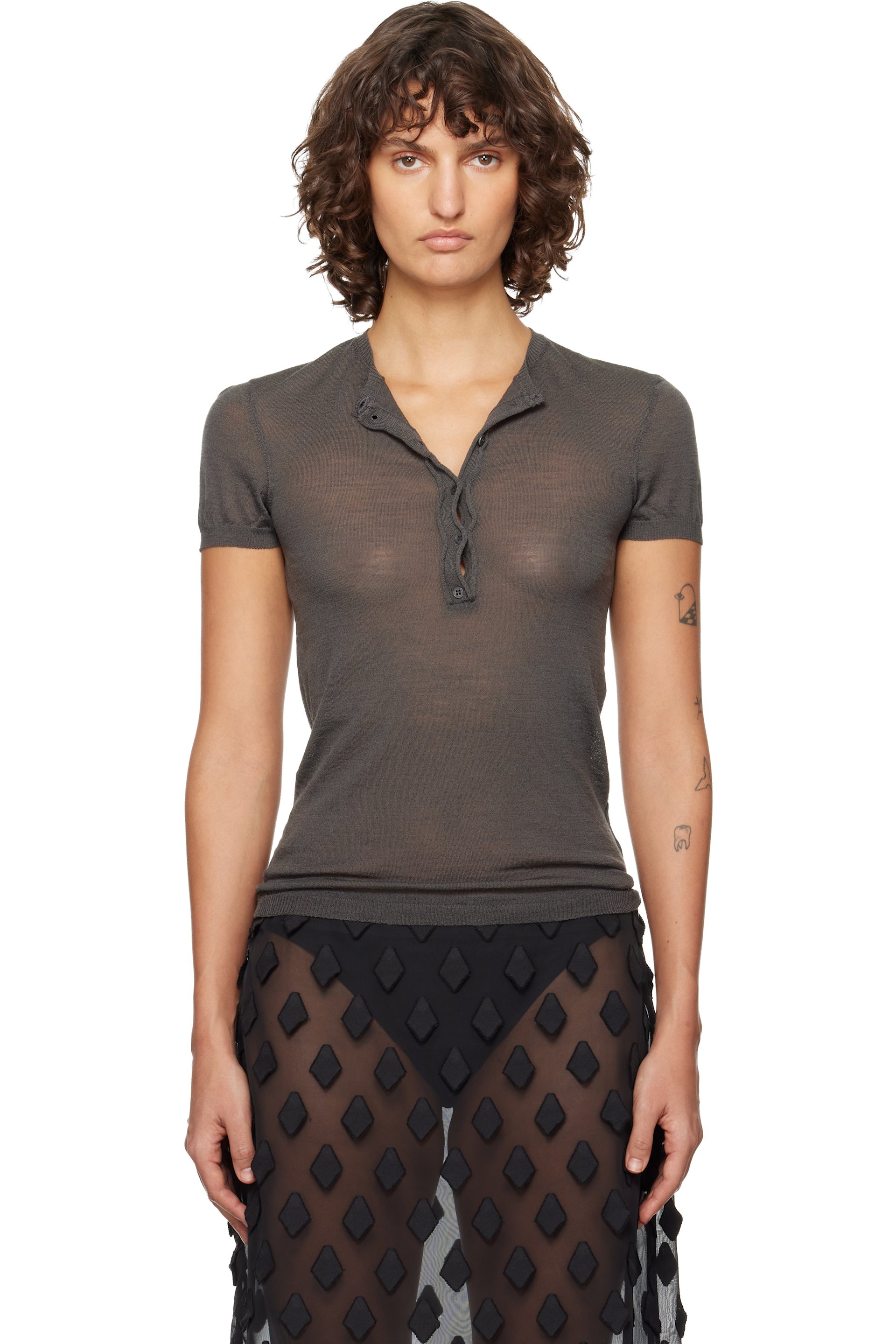 paloma wool トップス MIRE-Grey short-sleeve top with a draped neckline and a hook-and