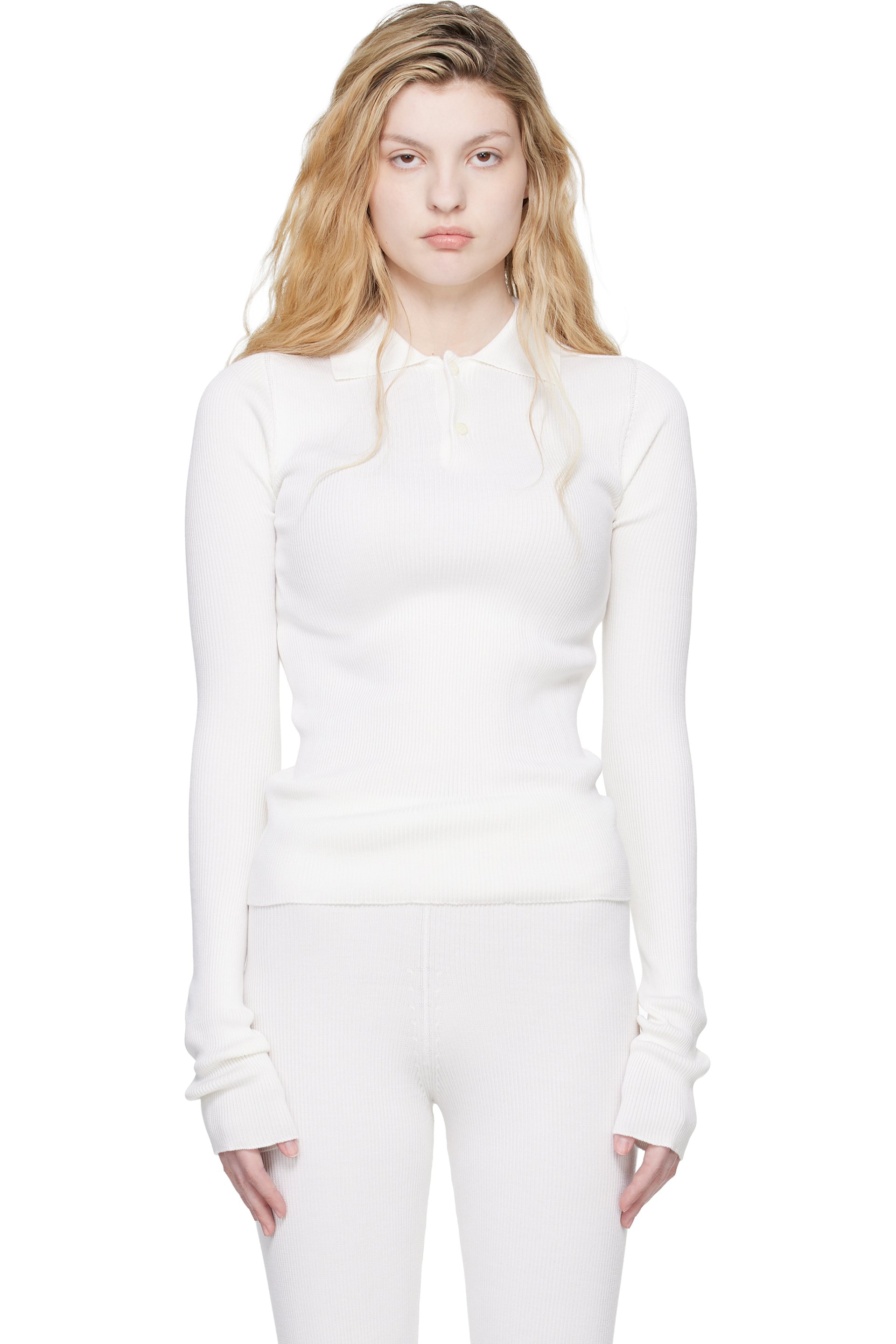 Rier - Polo blanc cassé en tricot côtelé de soie
