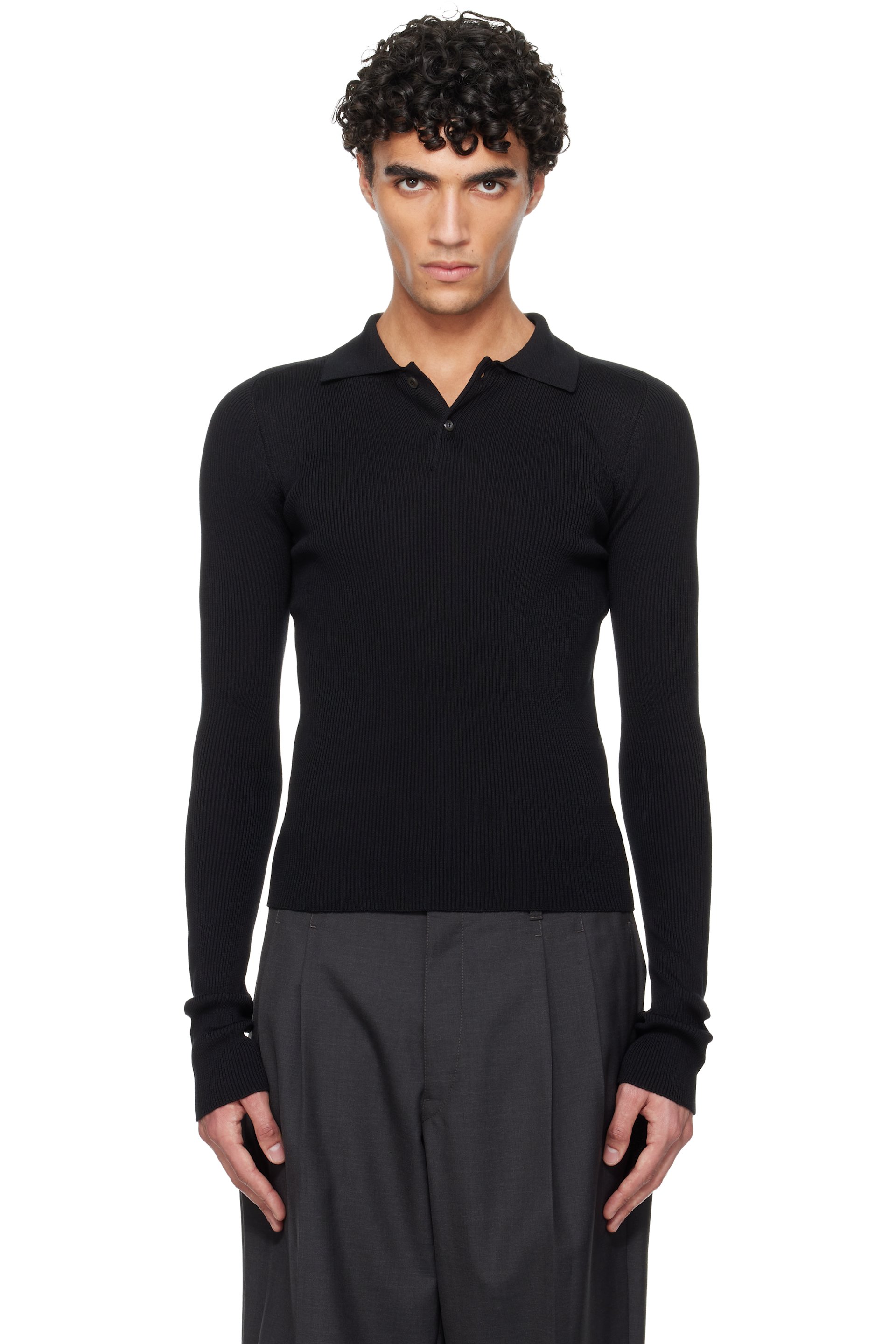Rier - Black Fine Rib Silk Polo