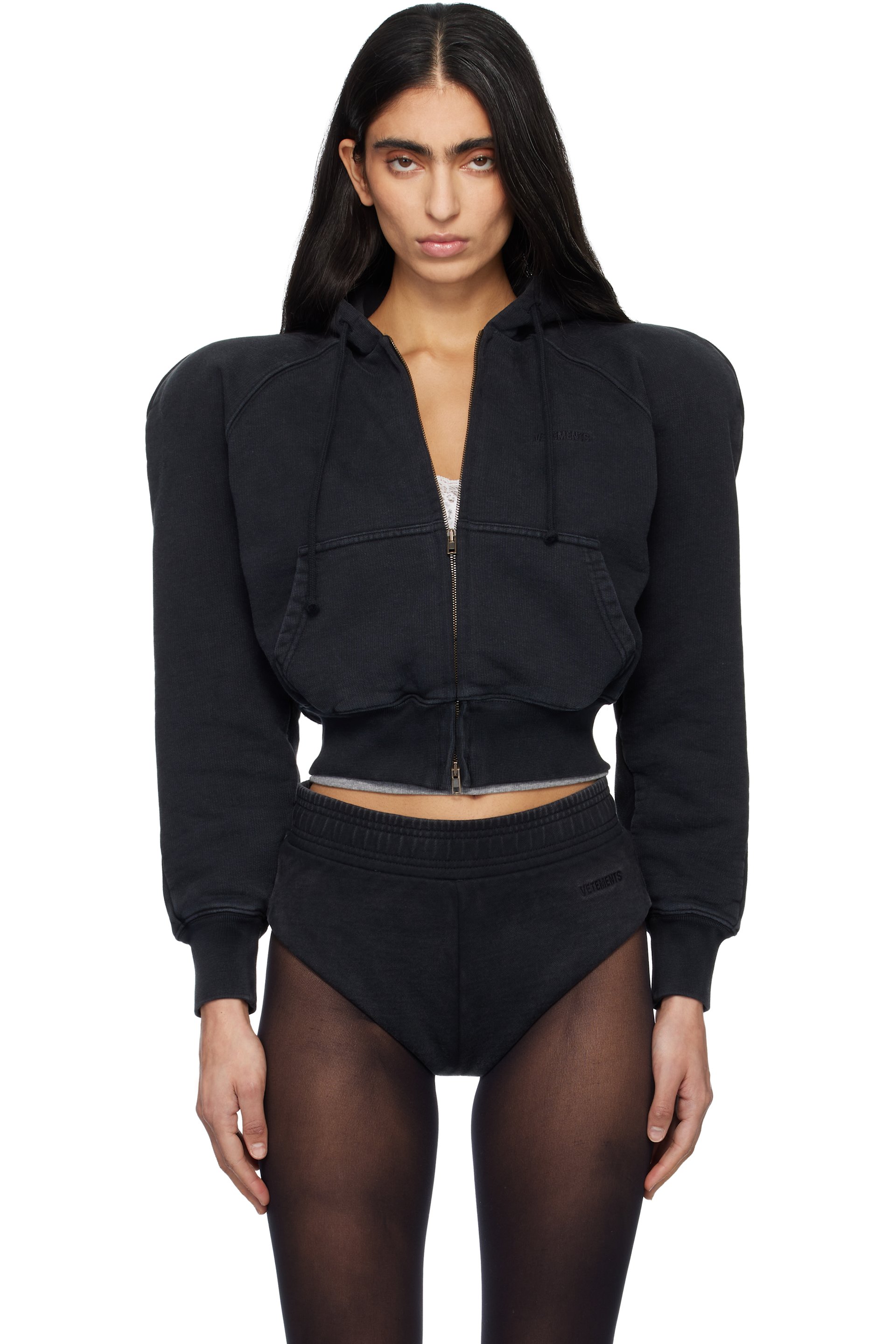 VETEMENTS - Black Round Shoulder Zip-Up Hoodie