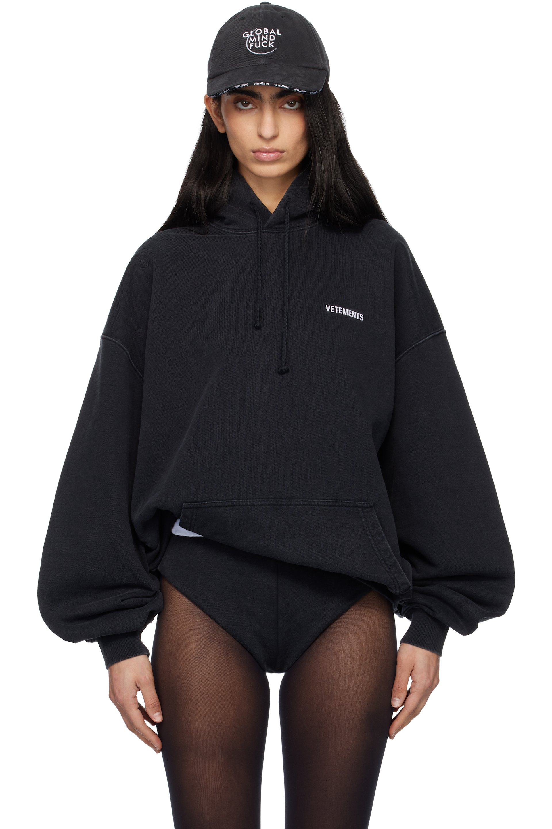VETEMENTS - Pull à capuche noir à logos