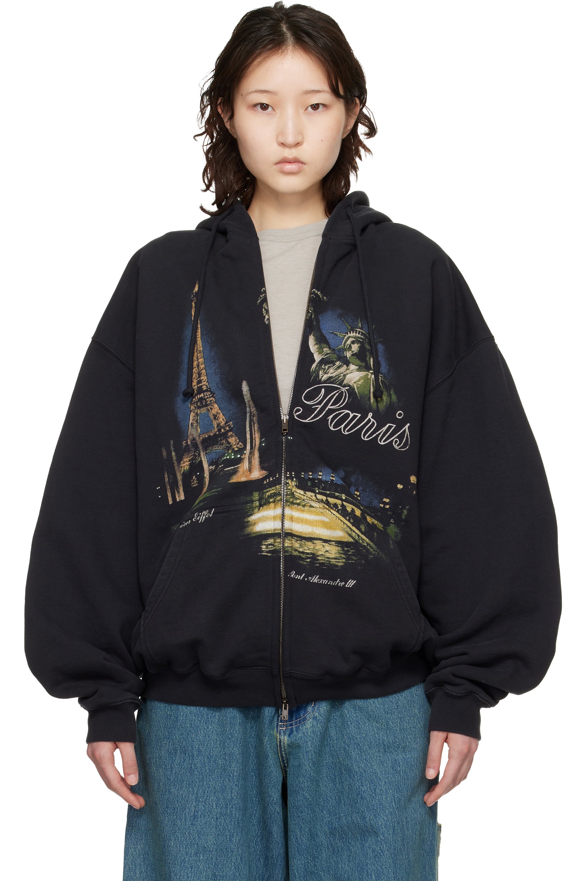 VETEMENTS - Pull à capuche 'Paris' Tourist noir à glissière