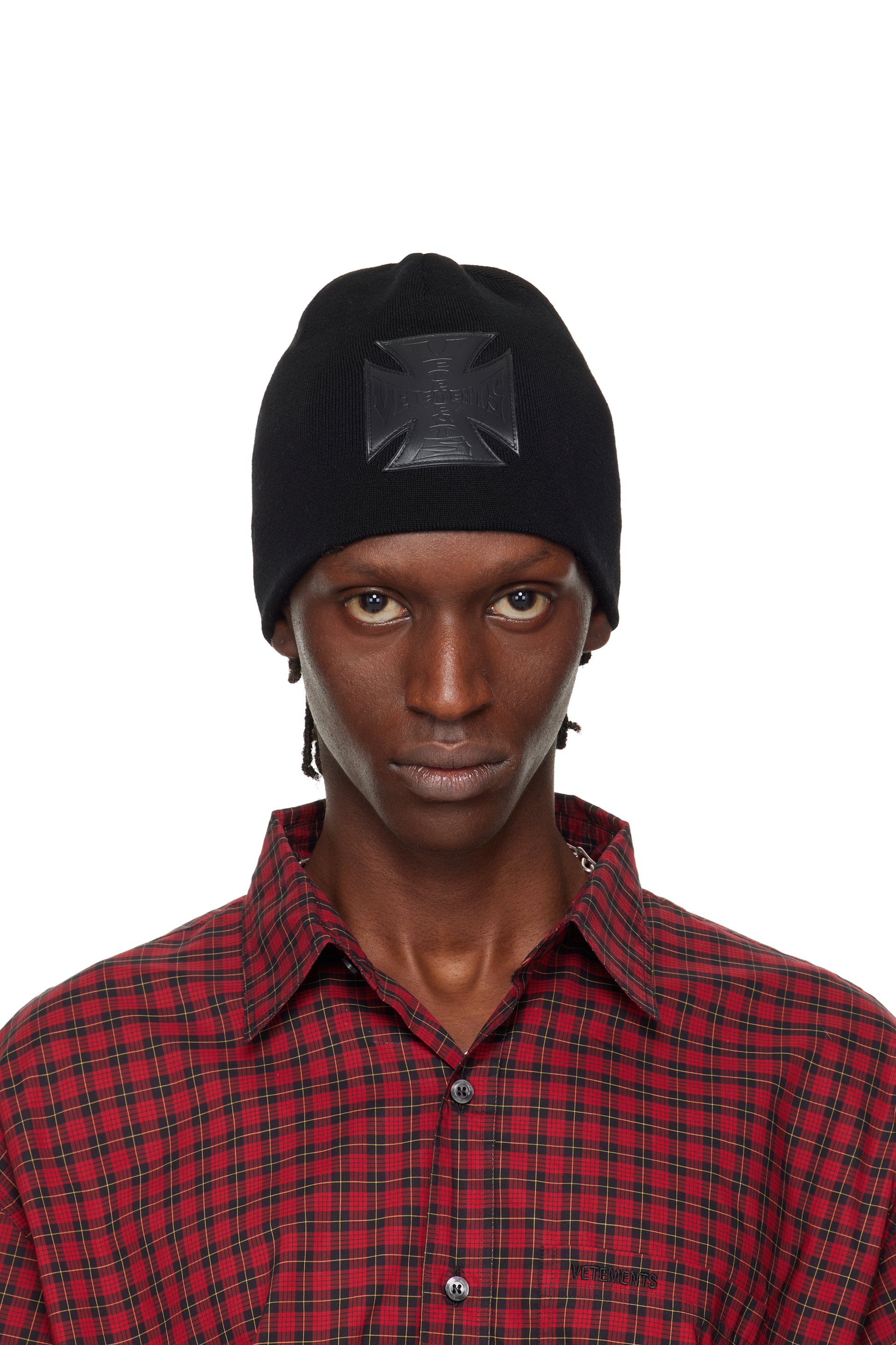 VETEMENTS - Black Leather Biker Cross Logo Beanie